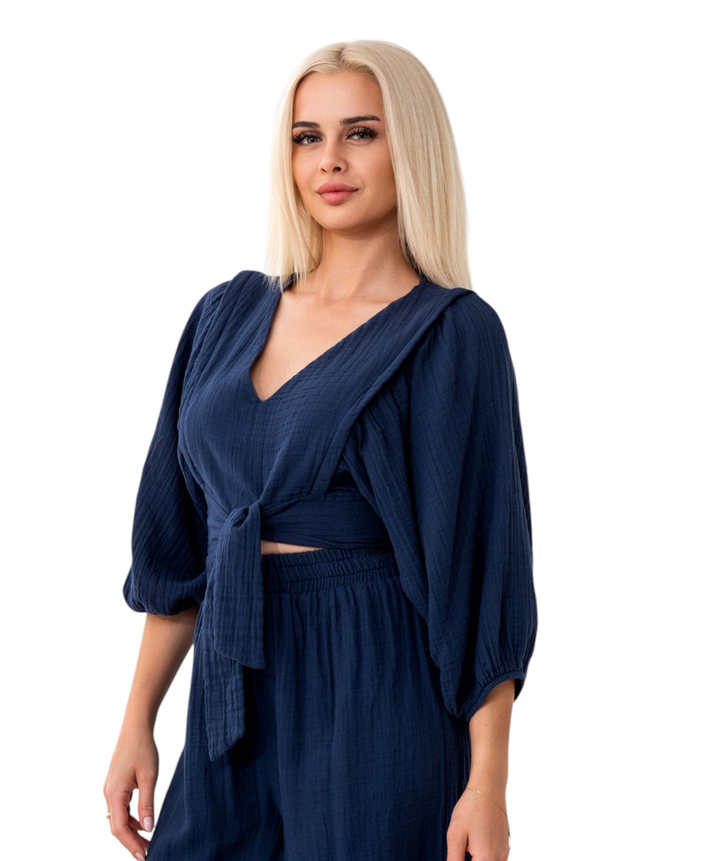Crop-Top Set Damen Musselin-Zweiteiler mit Hose, Wickel-Top & V-Ausschnitt