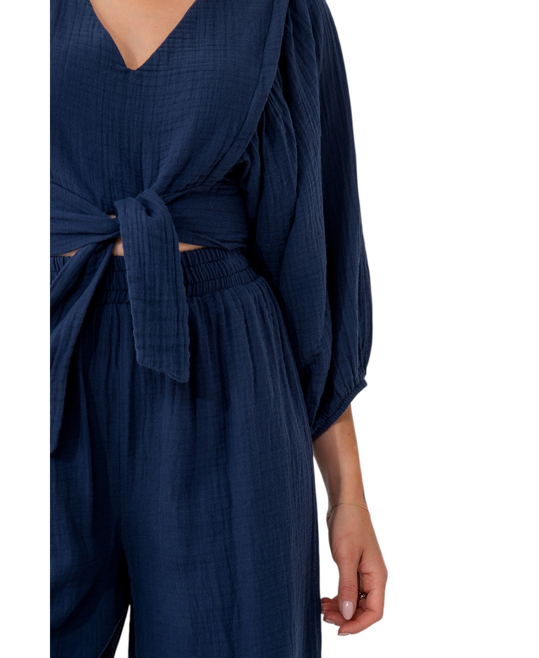 Crop-Top Set Damen Musselin-Zweiteiler mit Hose, Wickel-Top & V-Ausschnitt