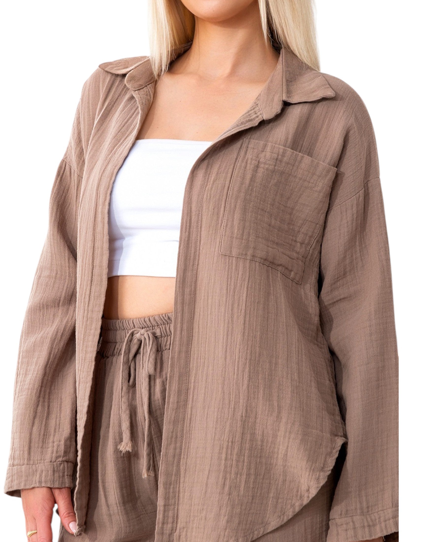 Hemdbluse Damen aus Musselin - Oversize Bluse Langarm mit Kragen