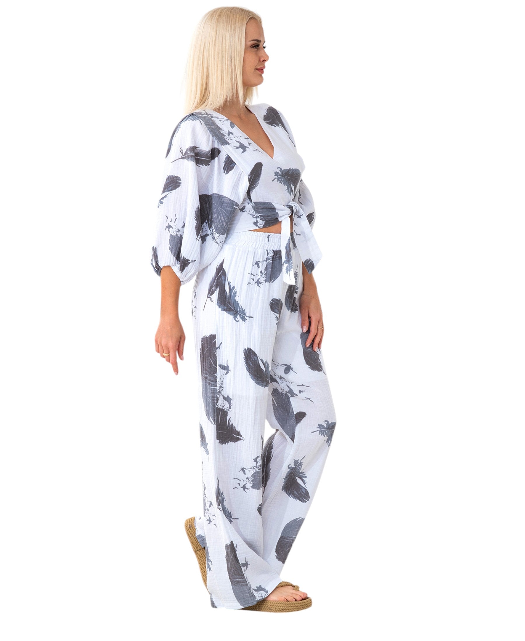 Crop-Top Set Damen Musselin-Zweiteiler mit Hose, Wickel-Top & V-Ausschnitt