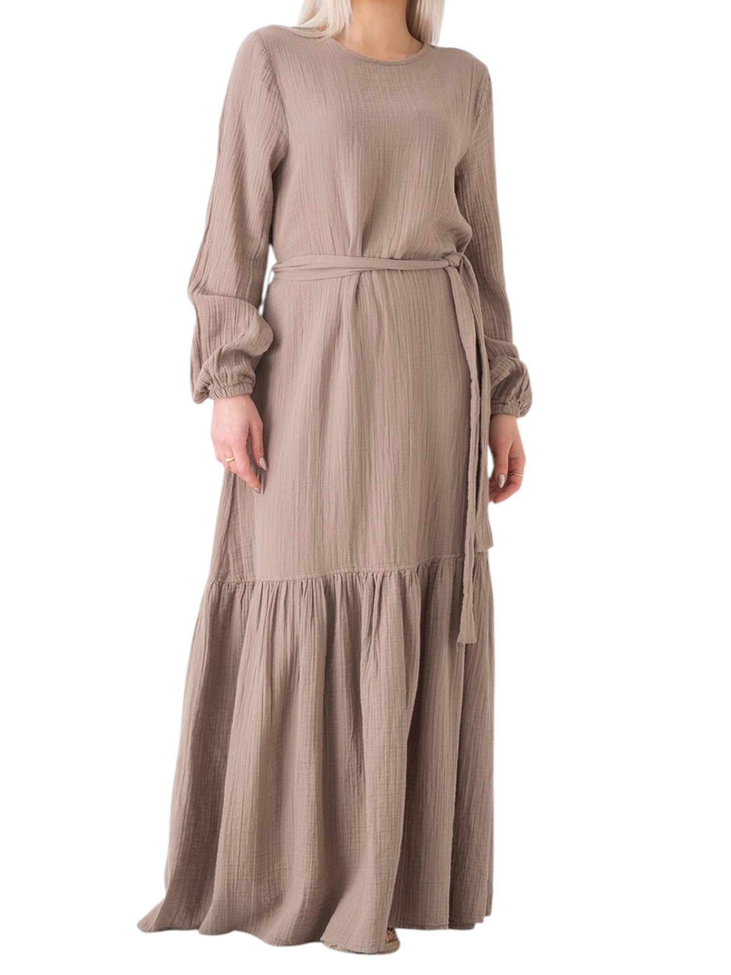 Sommerkleid Musselin-Kleid, 100 % Baumwolle, Volantsaum, Gürtel, Gr. 36–50