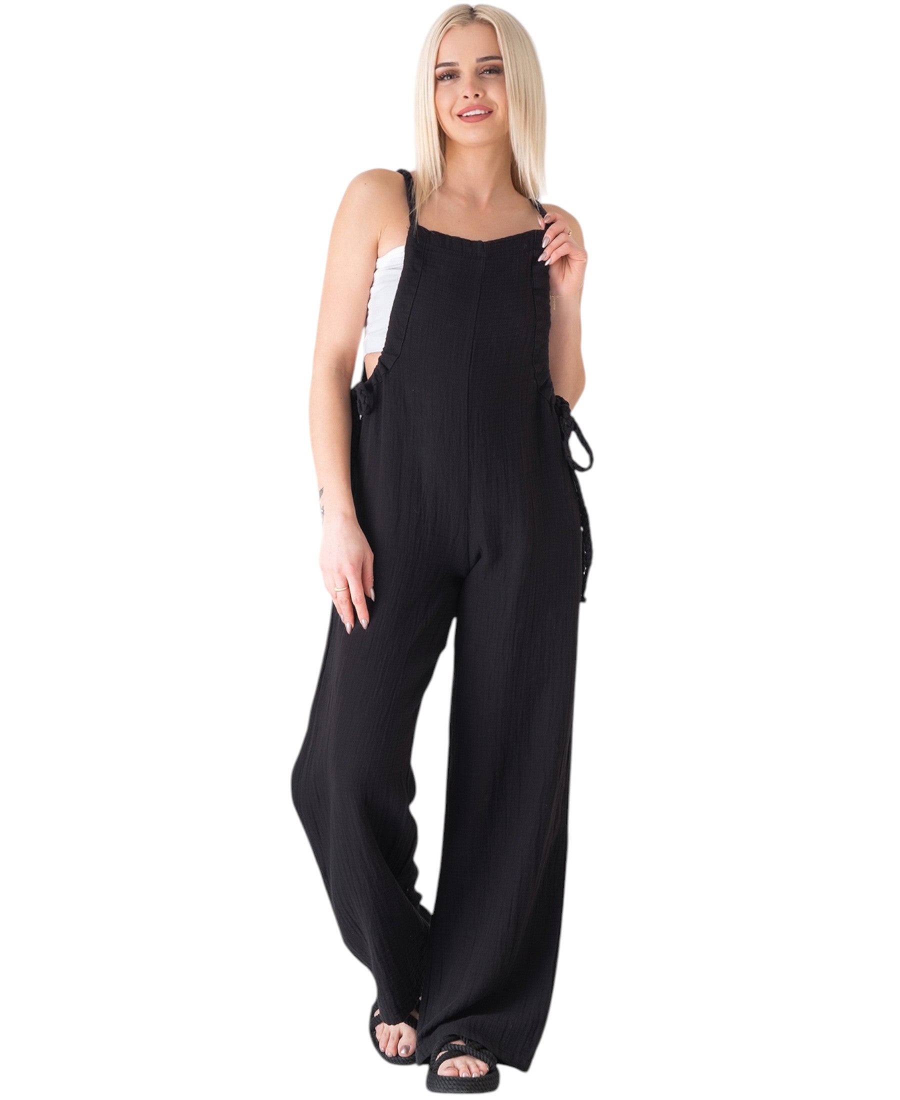 Overall Damen Jumpsuit Musselin mit Flechtträgern – locker & größenverstellbar