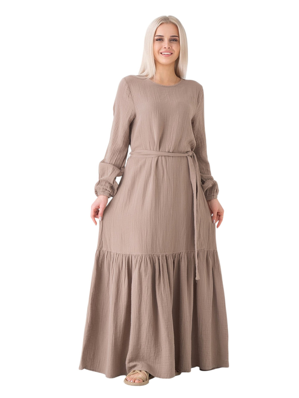Sommerkleid Musselin-Kleid, 100 % Baumwolle, Volantsaum, Gürtel, Gr. 36–50