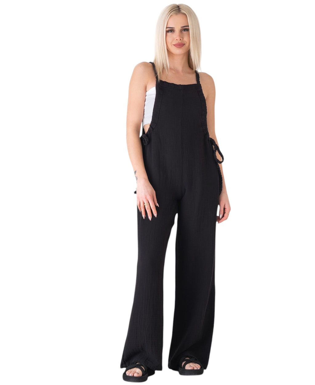 Overall Damen Jumpsuit Musselin mit Flechtträgern – locker & größenverstellbar