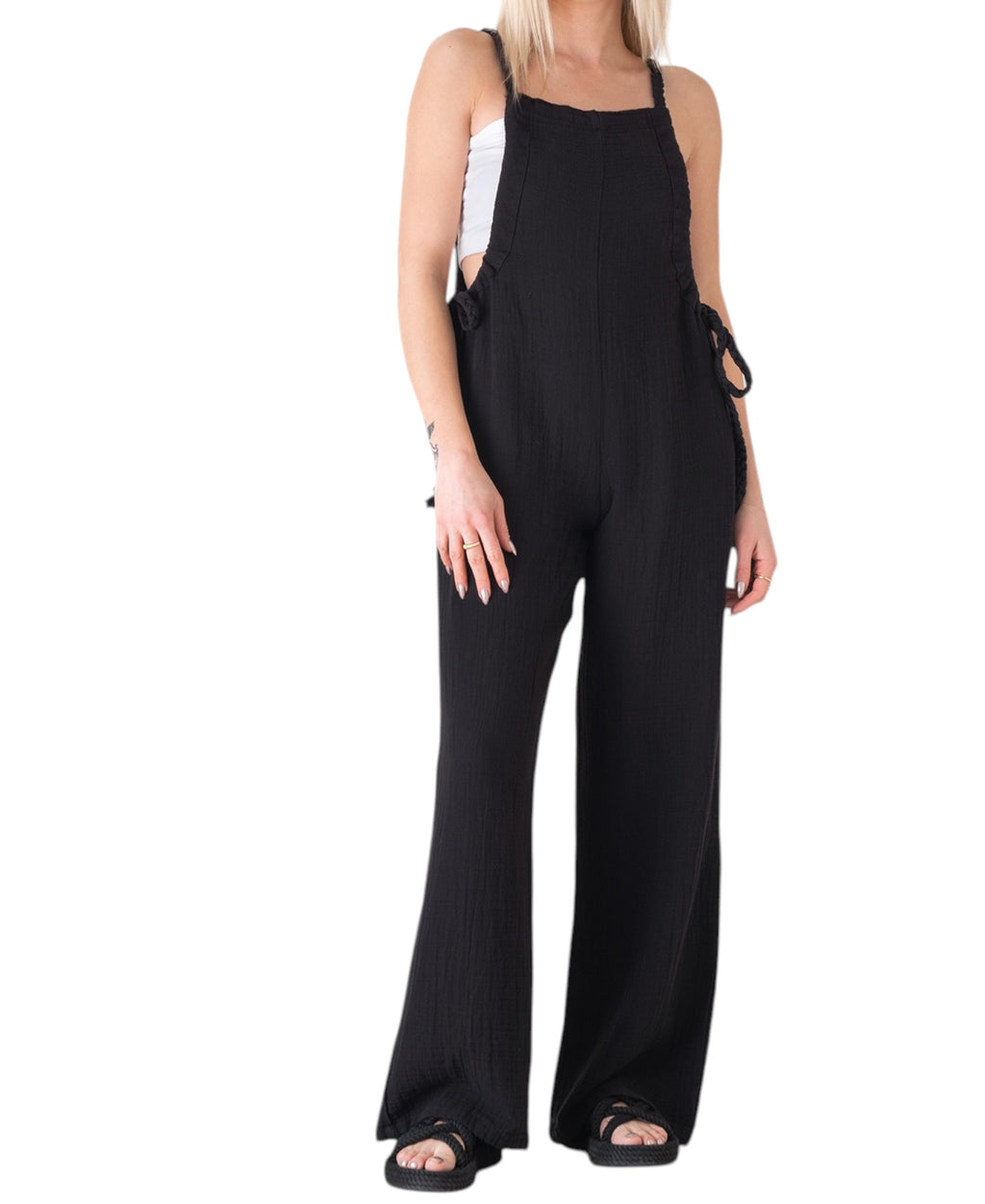 Overall Damen Jumpsuit Musselin mit Flechtträgern – locker & größenverstellbar