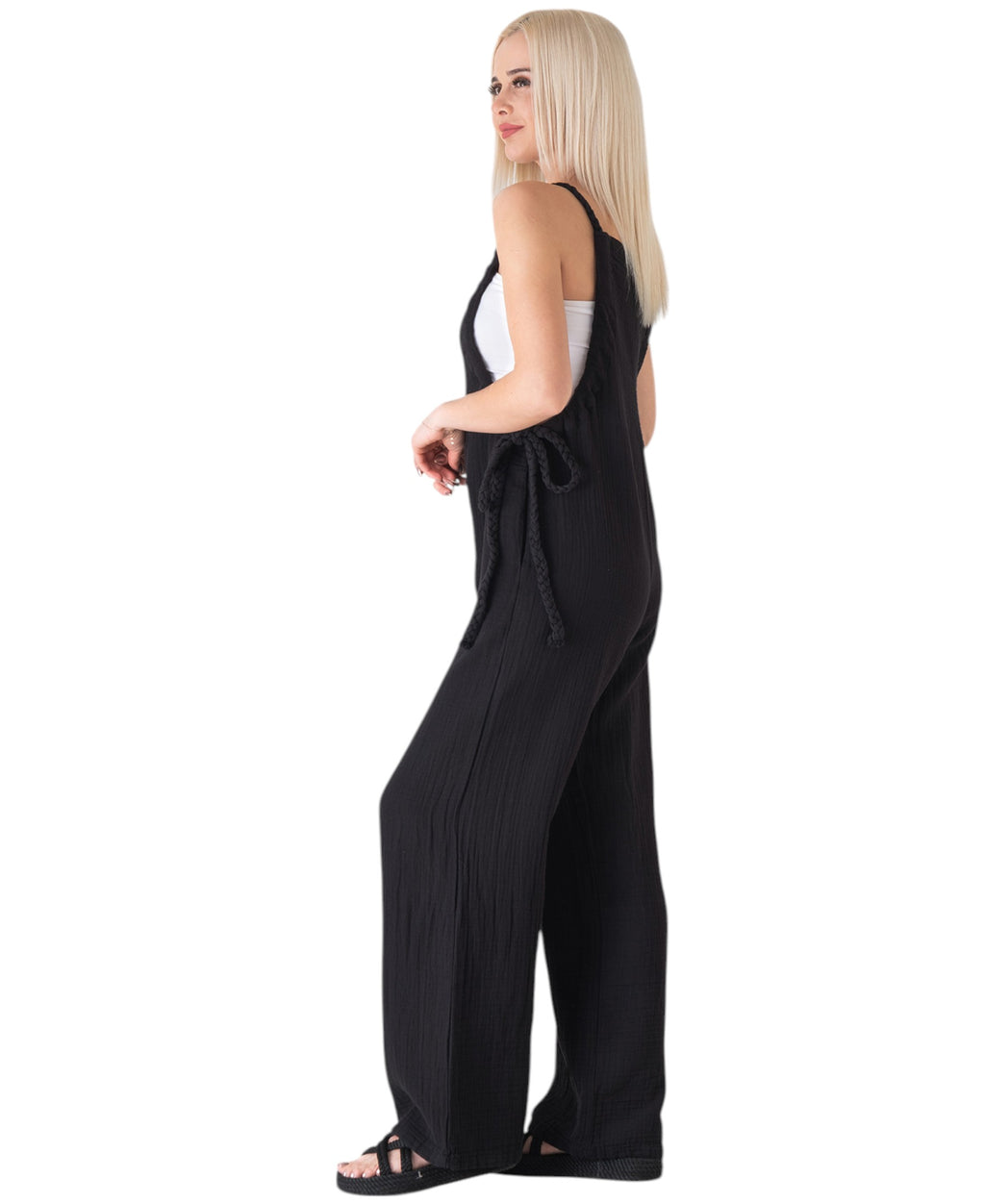 Overall Damen Jumpsuit Musselin mit Flechtträgern – locker & größenverstellbar