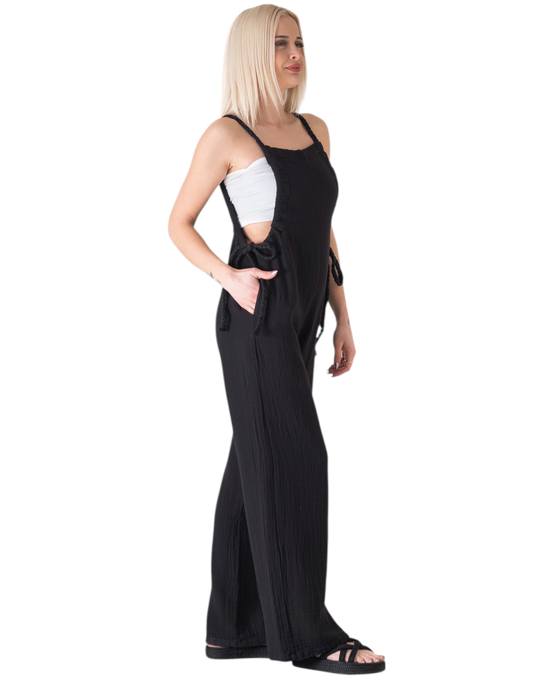 Overall Damen Jumpsuit Musselin mit Flechtträgern – locker & größenverstellbar