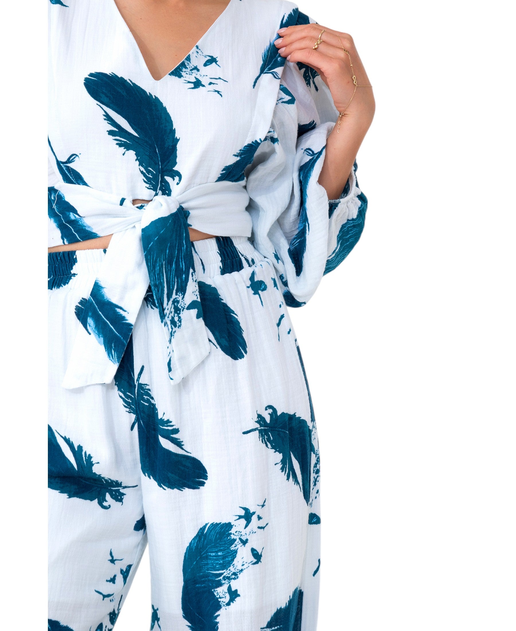 Crop-Top Set Damen Musselin-Zweiteiler mit Hose, Wickel-Top & V-Ausschnitt