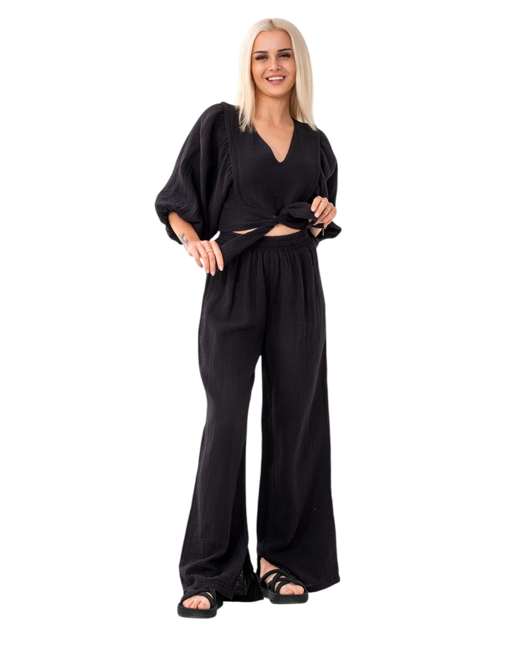 Crop-Top Set Damen Musselin-Zweiteiler mit Hose, Wickel-Top & V-Ausschnitt