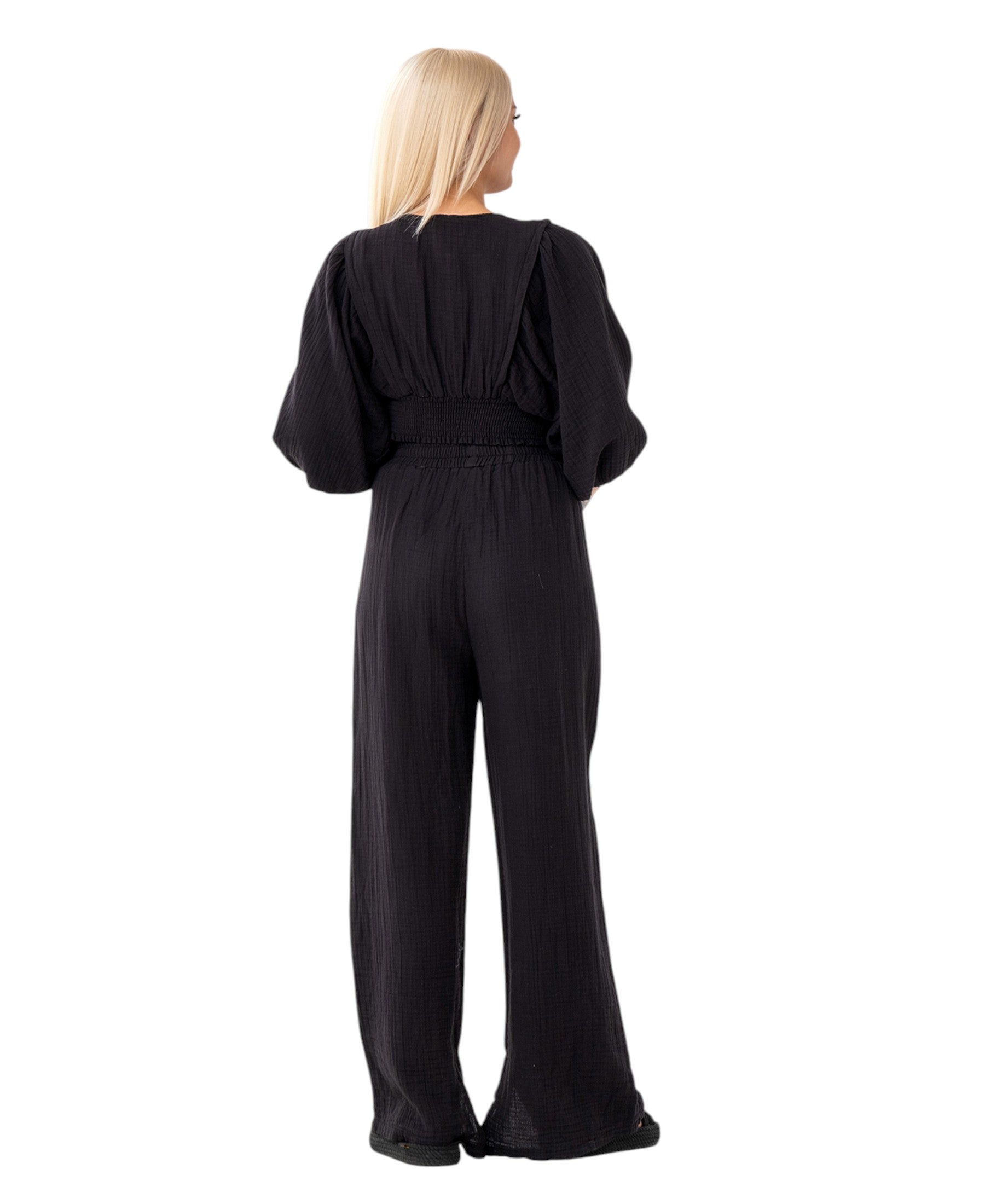 Crop-Top Set Damen Musselin-Zweiteiler mit Hose, Wickel-Top & V-Ausschnitt