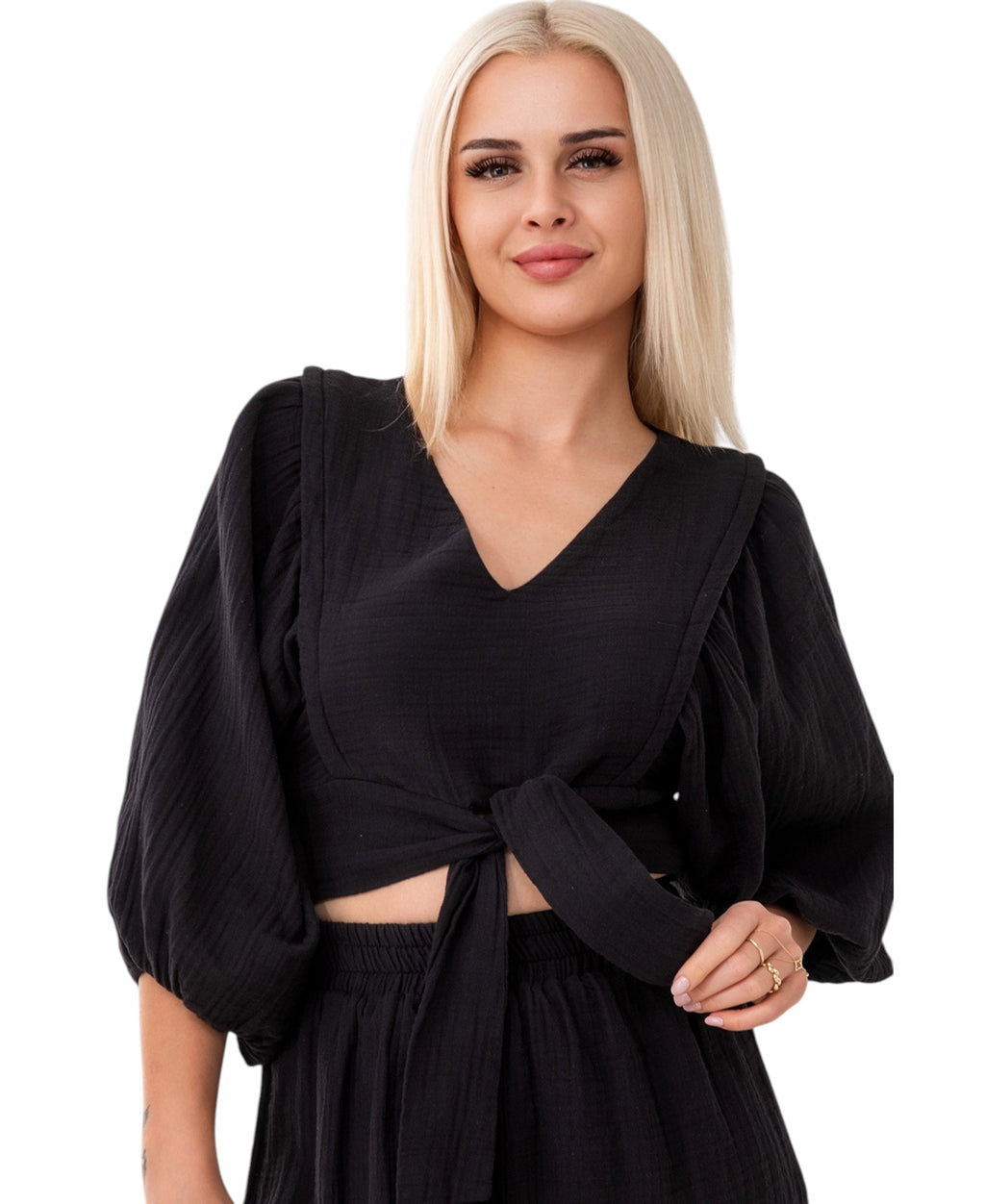 Crop-Top Set Damen Musselin-Zweiteiler mit Hose, Wickel-Top & V-Ausschnitt