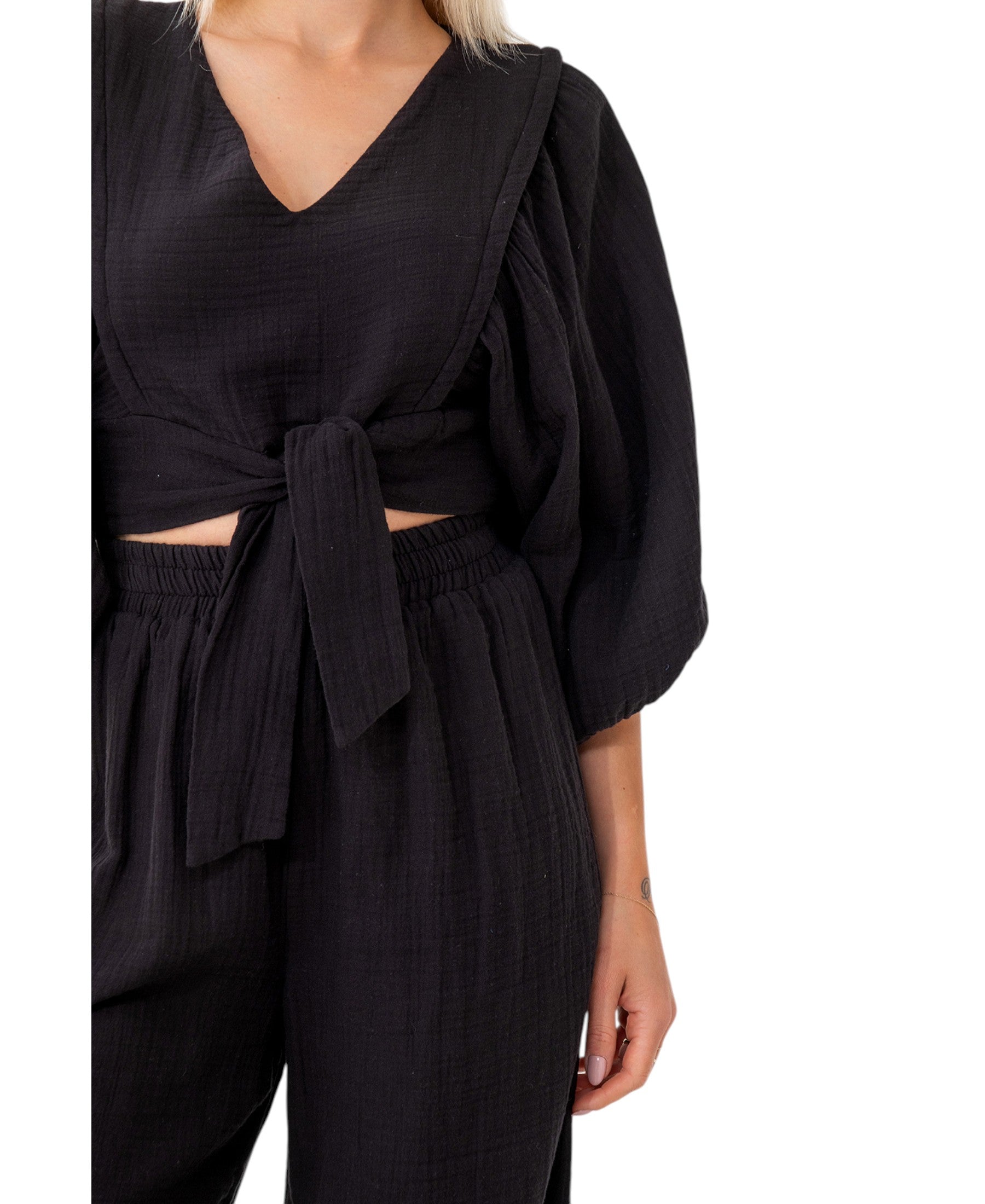 Crop-Top Set Damen Musselin-Zweiteiler mit Hose, Wickel-Top & V-Ausschnitt