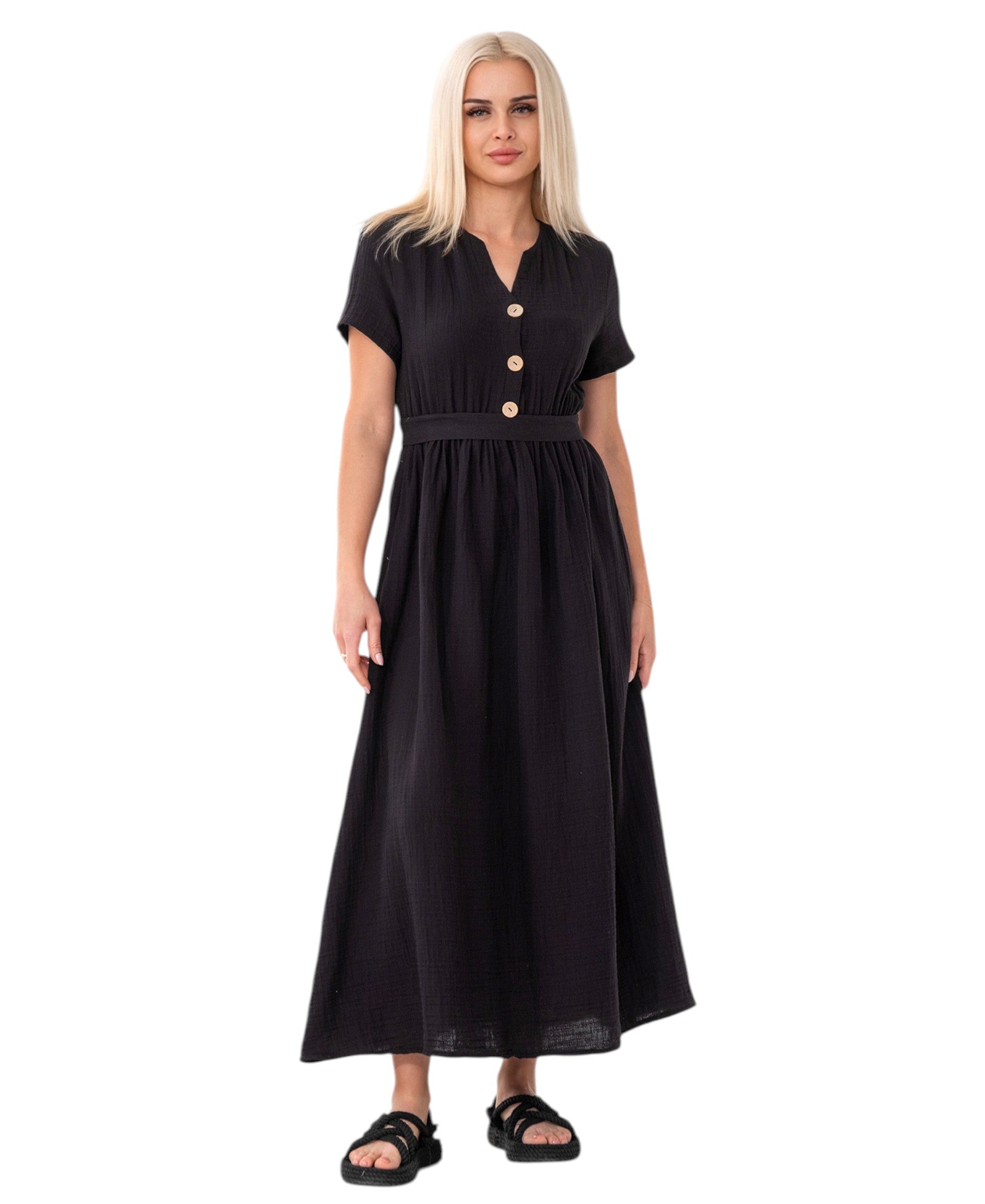 Sommerkleid Musselin Boho Kleid mit Knopfleiste & Taillenband, Freizeitkleid