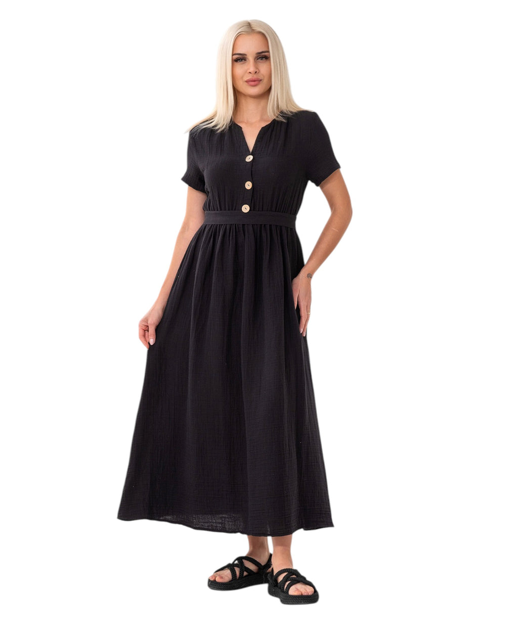 Sommerkleid Musselin Boho Kleid mit Knopfleiste & Taillenband, Freizeitkleid