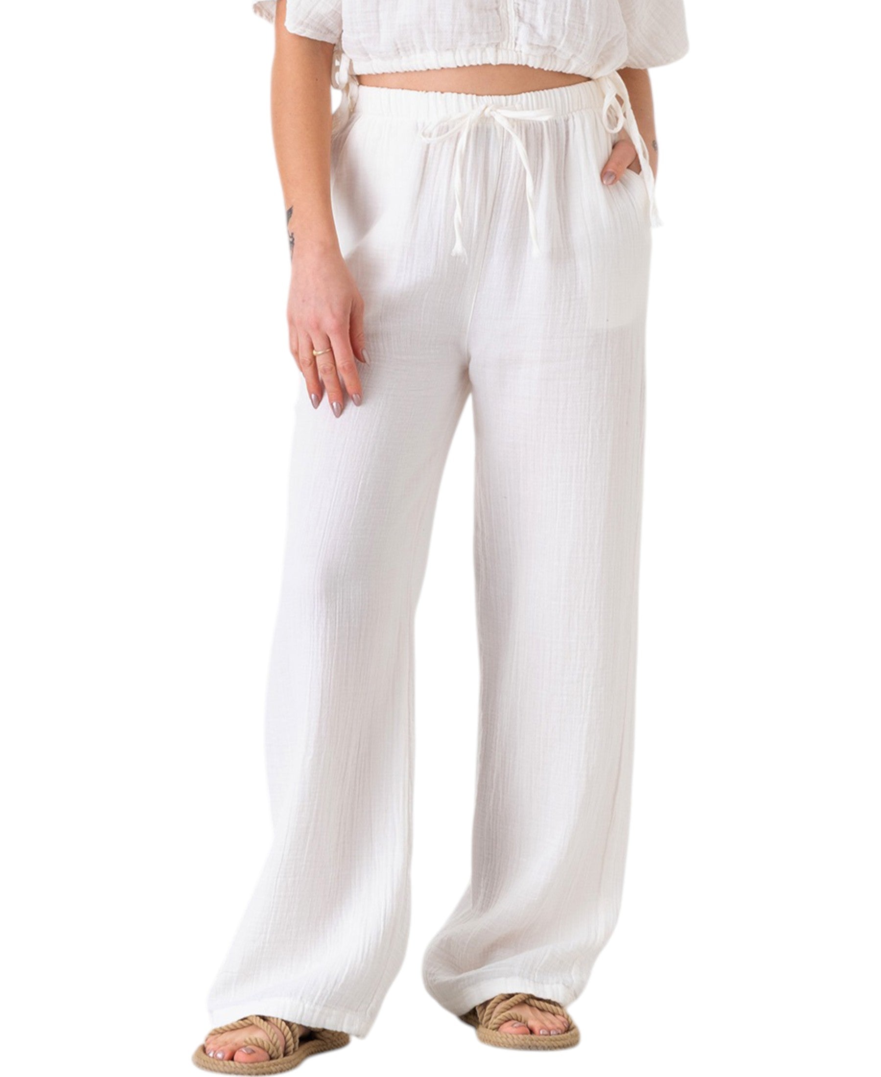 Palazzohose MusselinDamen Sommerhose 100 % Baumwolle, elastischer Bund
