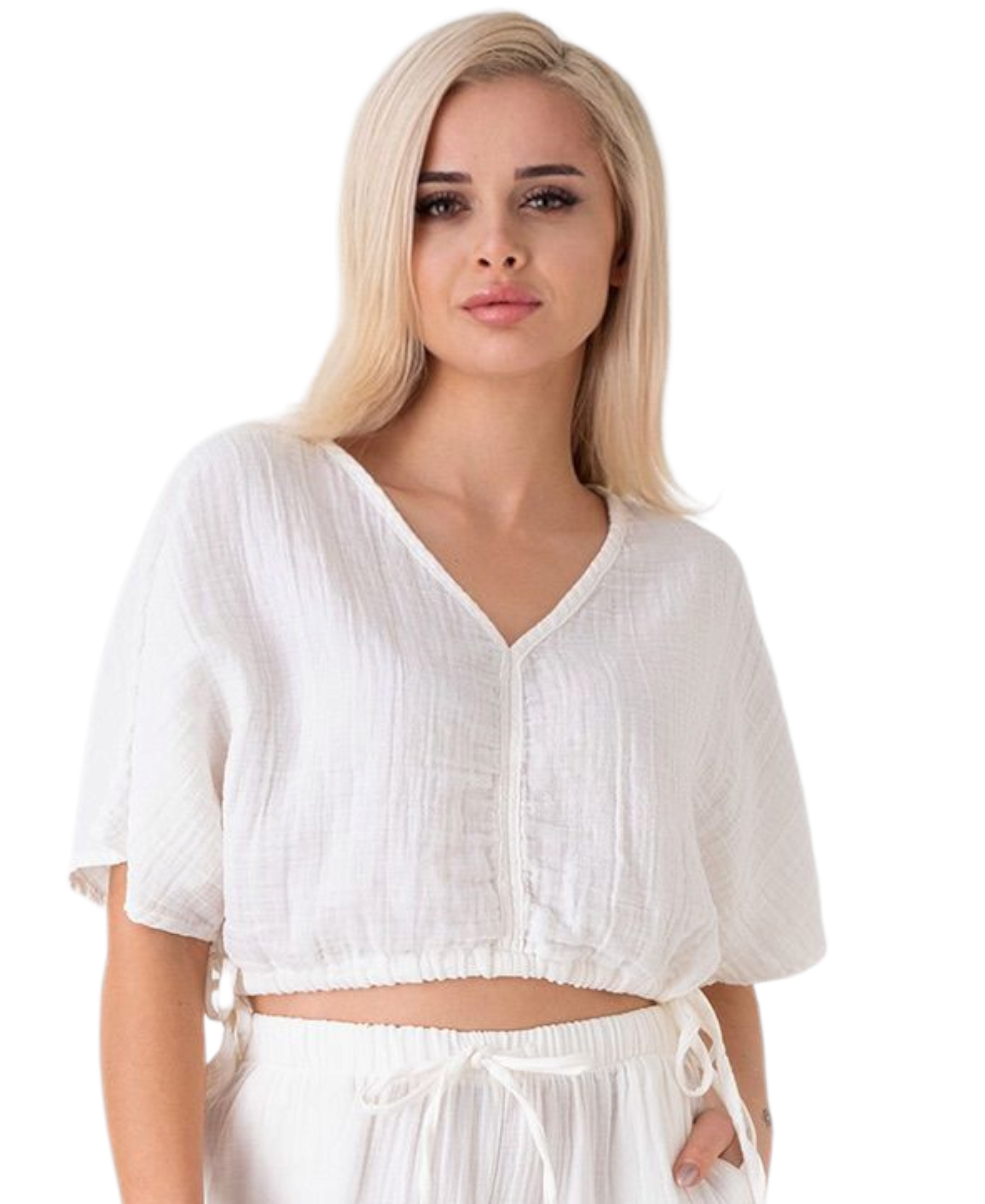 Crop-Top – Luftiges Musselin-Oberteil mit Tunnelzug und V-Ausschnitt