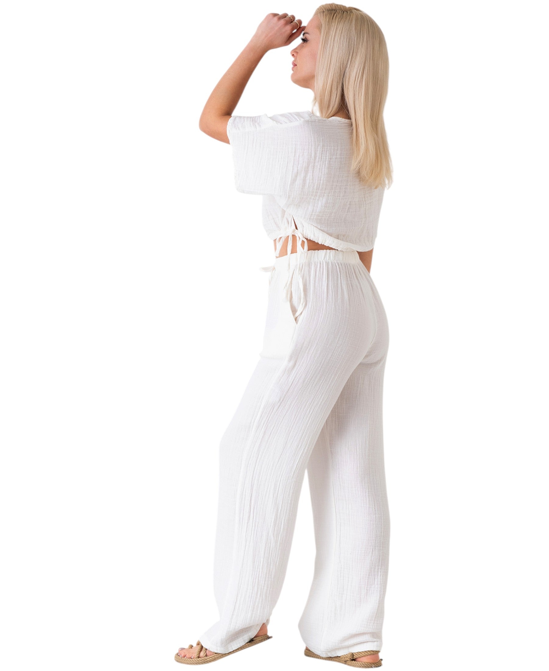 Palazzohose MusselinDamen Sommerhose 100 % Baumwolle, elastischer Bund