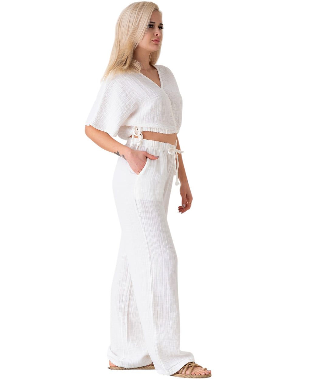 Palazzohose MusselinDamen Sommerhose 100 % Baumwolle, elastischer Bund