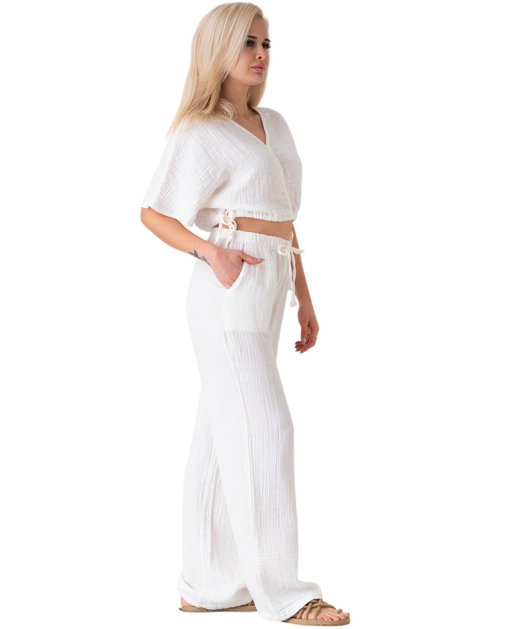 Palazzohose MusselinDamen Sommerhose 100 % Baumwolle, elastischer Bund