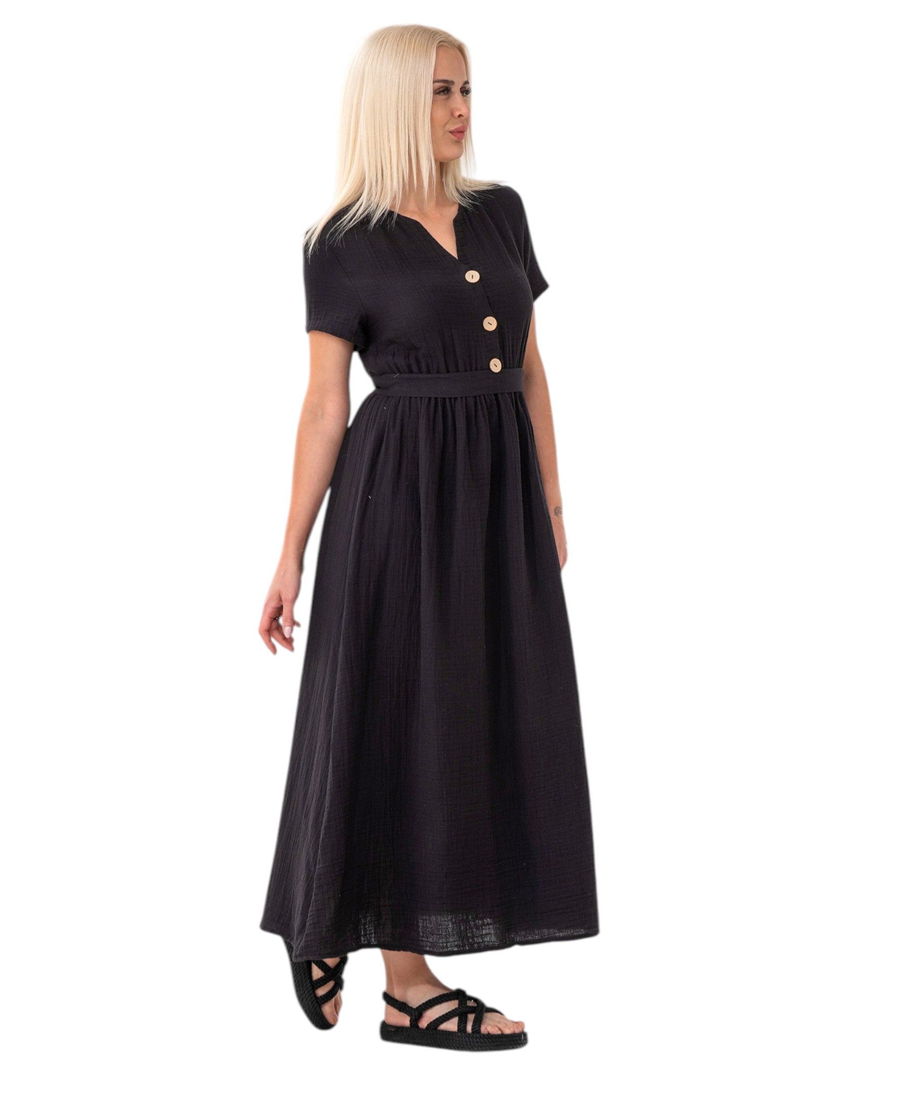 Sommerkleid Musselin Boho Kleid mit Knopfleiste & Taillenband, Freizeitkleid