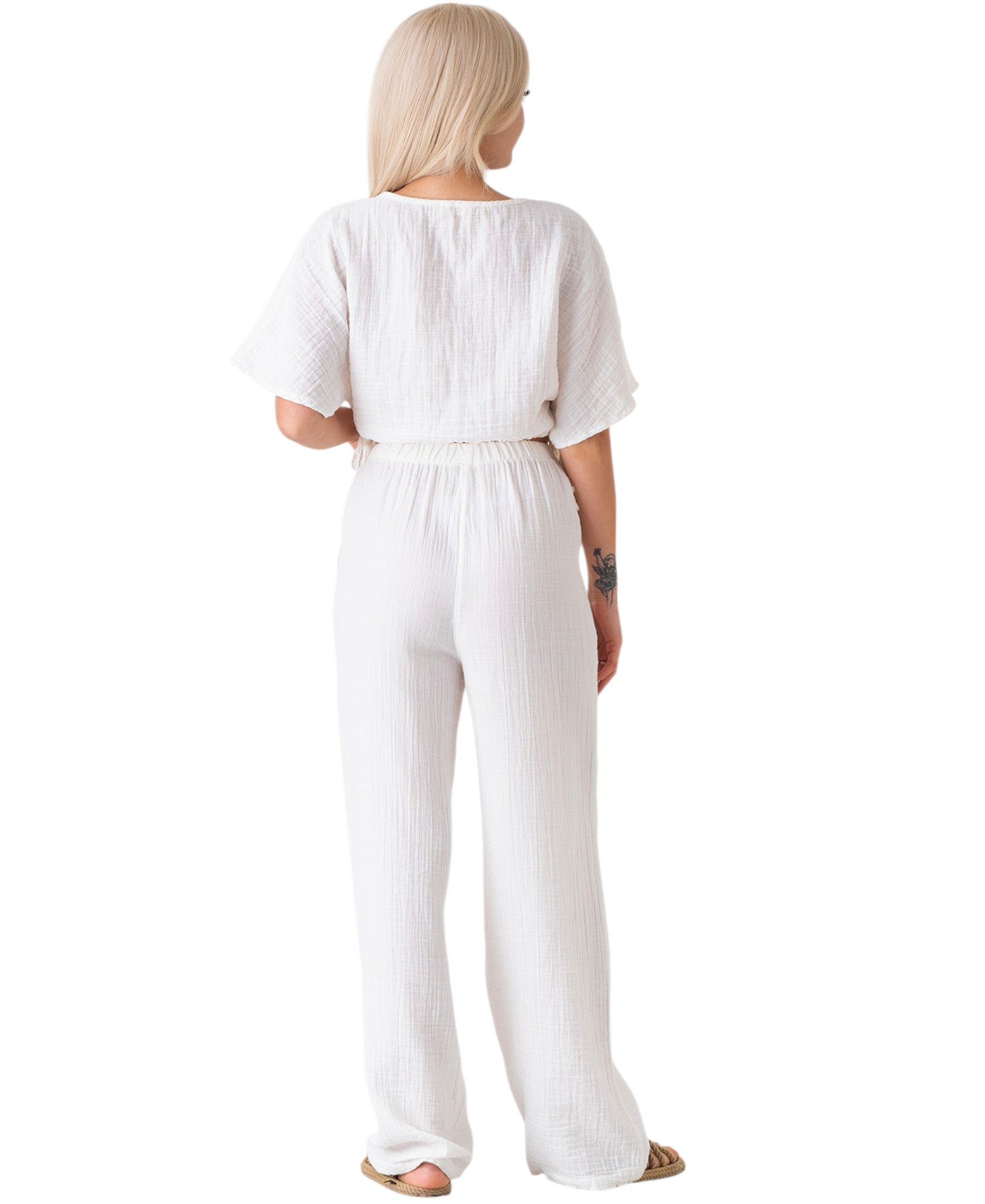 Palazzohose MusselinDamen Sommerhose 100 % Baumwolle, elastischer Bund