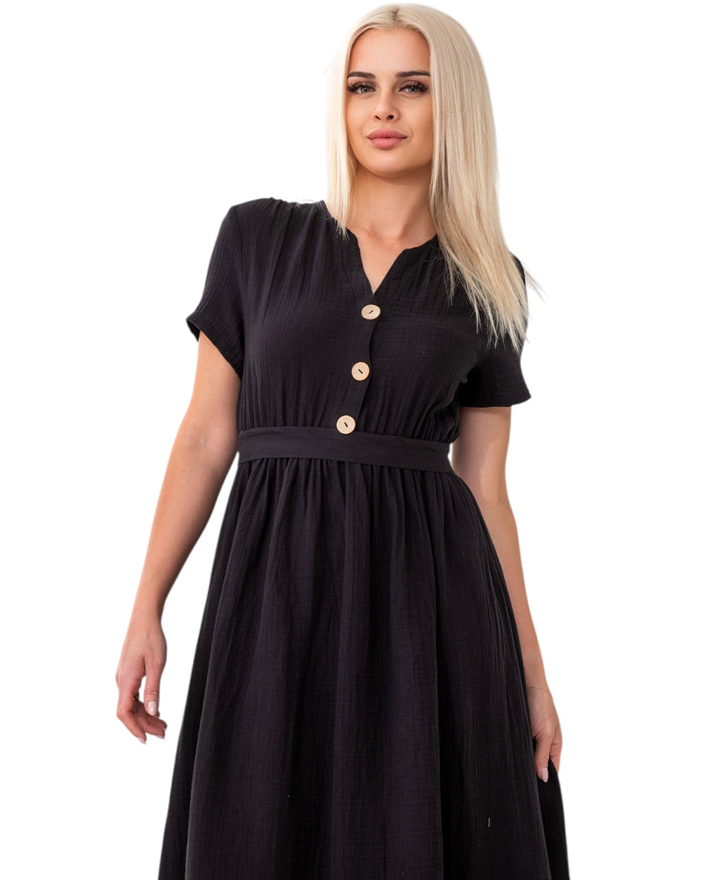 Sommerkleid Musselin Boho Kleid mit Knopfleiste & Taillenband, Freizeitkleid