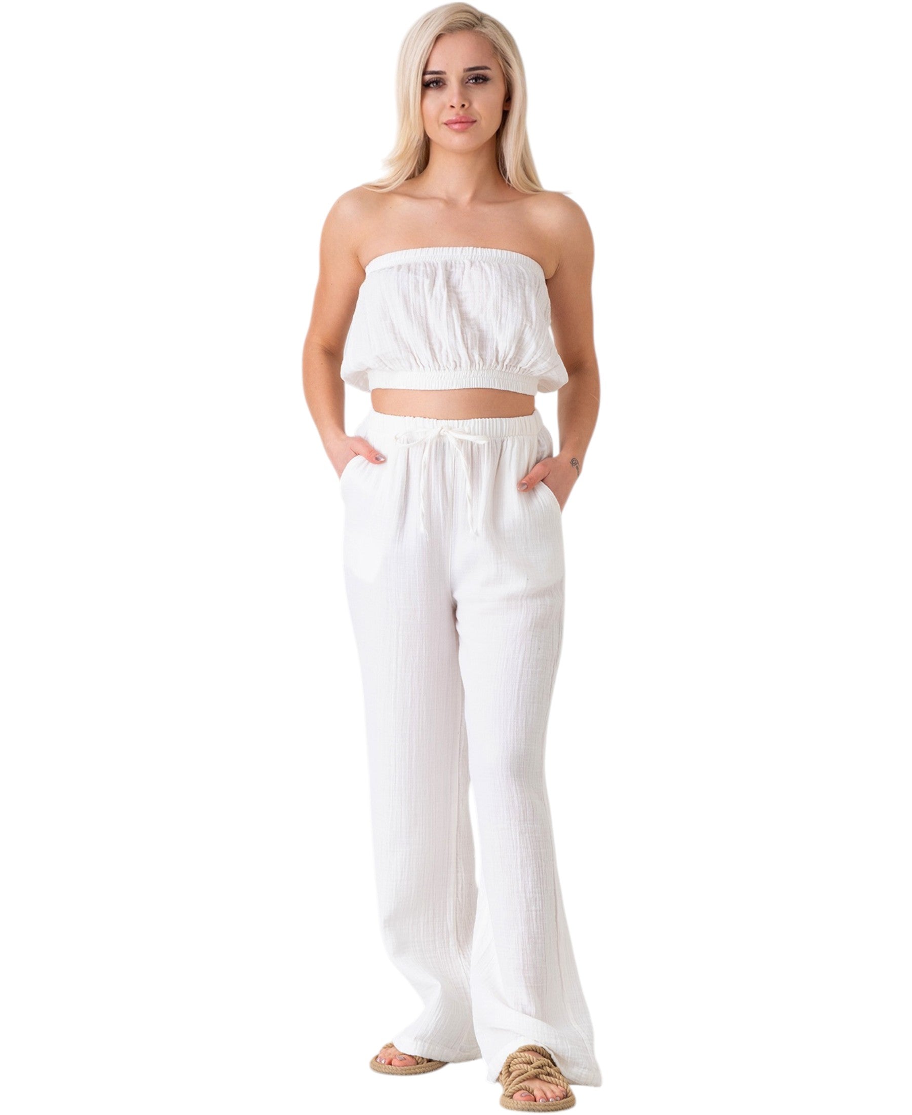 Palazzohose MusselinDamen Sommerhose 100 % Baumwolle, elastischer Bund