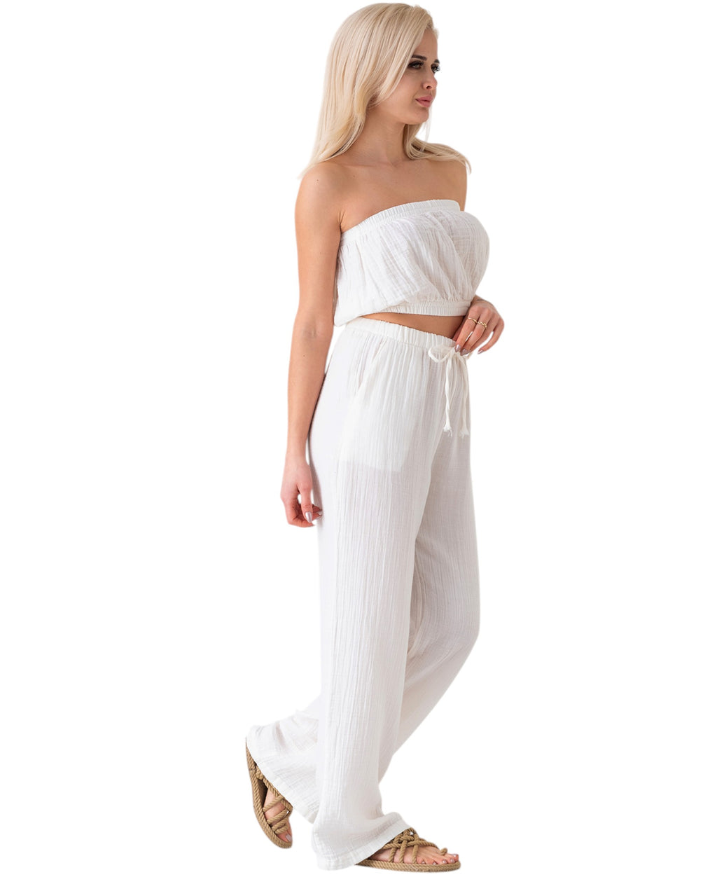 Palazzohose MusselinDamen Sommerhose 100 % Baumwolle, elastischer Bund