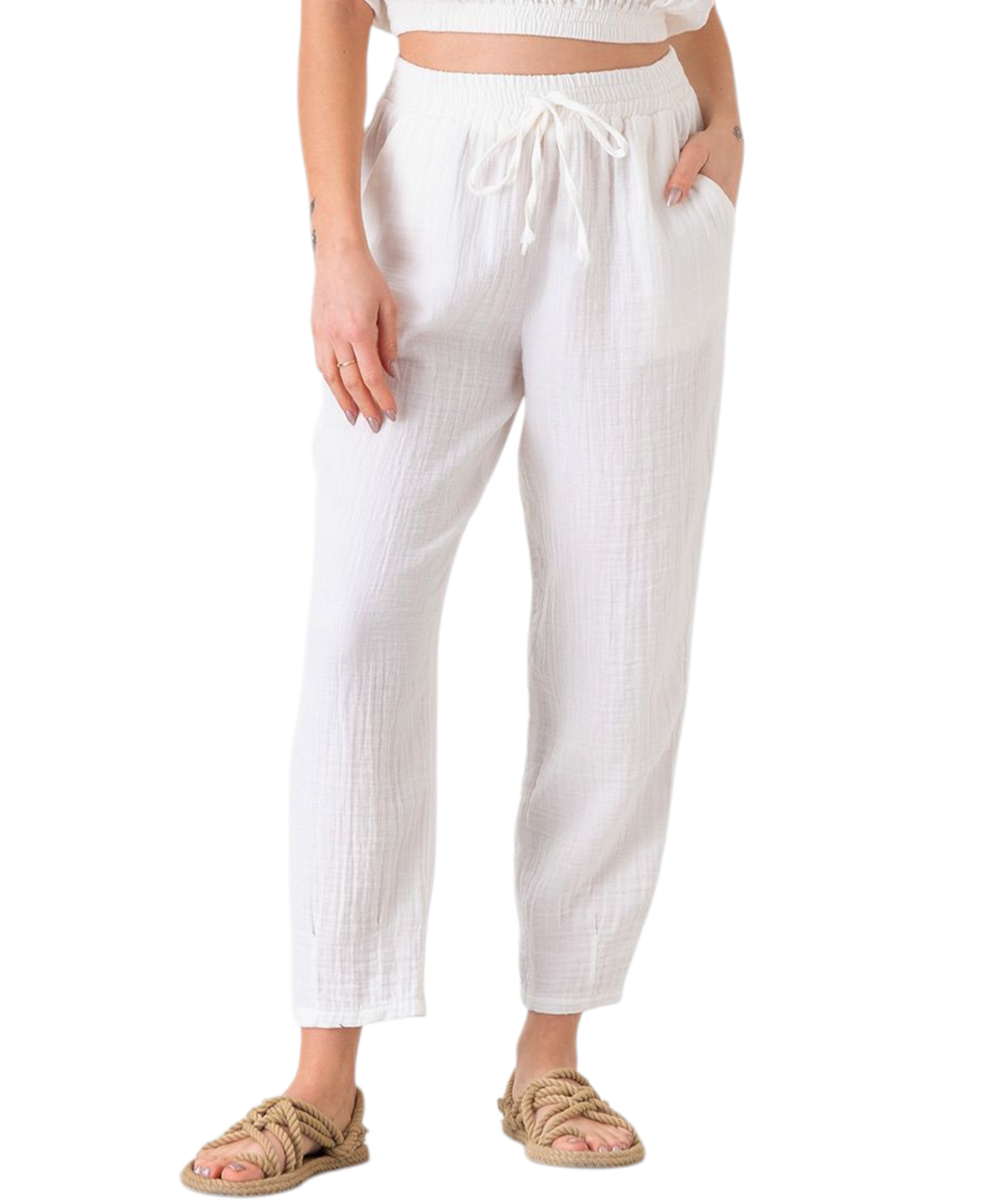 Schlupfhose Musselin Sommerhose, 100 % Baumwolle, elastischer Bund, Knöchellänge