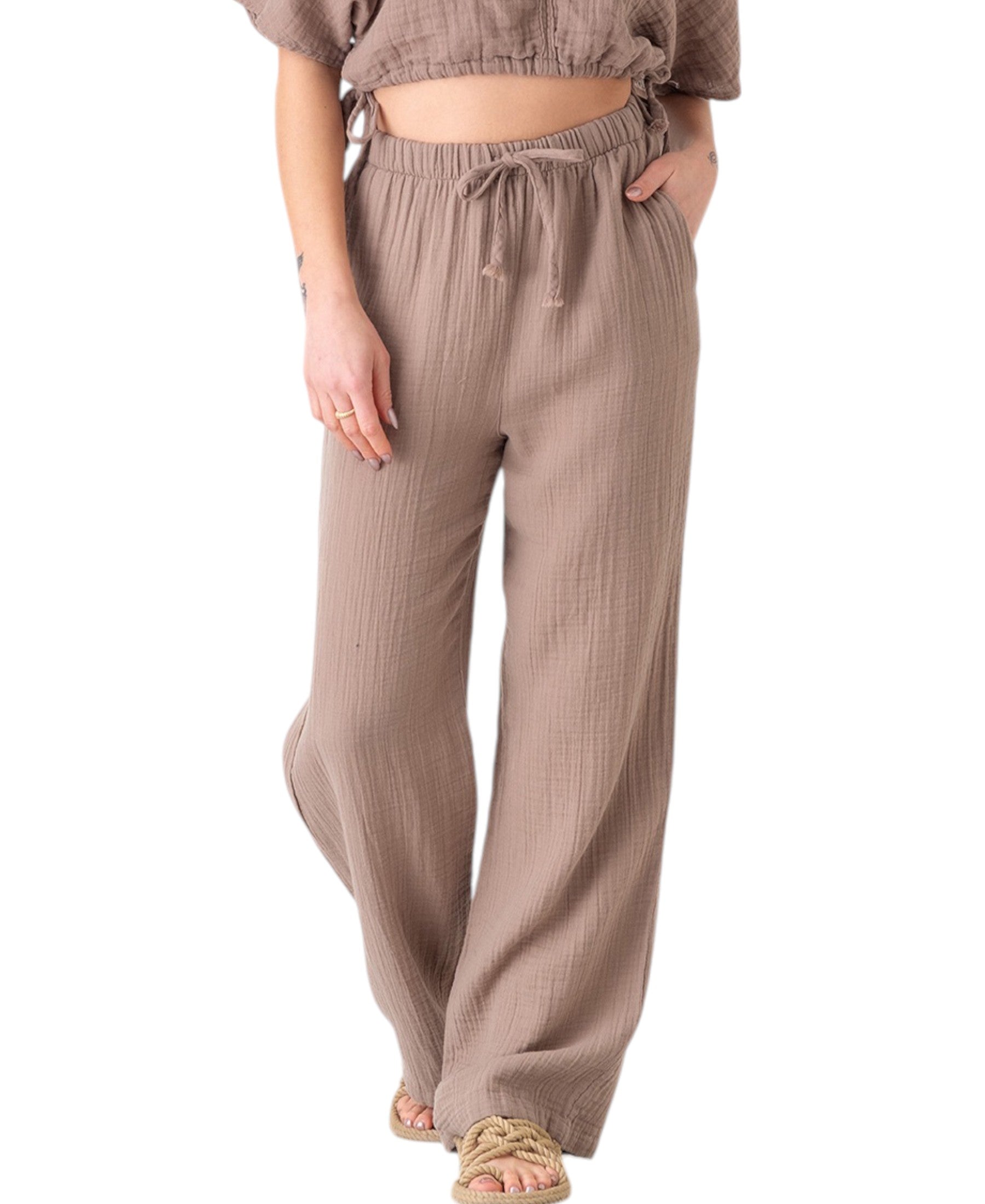 Palazzohose MusselinDamen Sommerhose 100 % Baumwolle, elastischer Bund