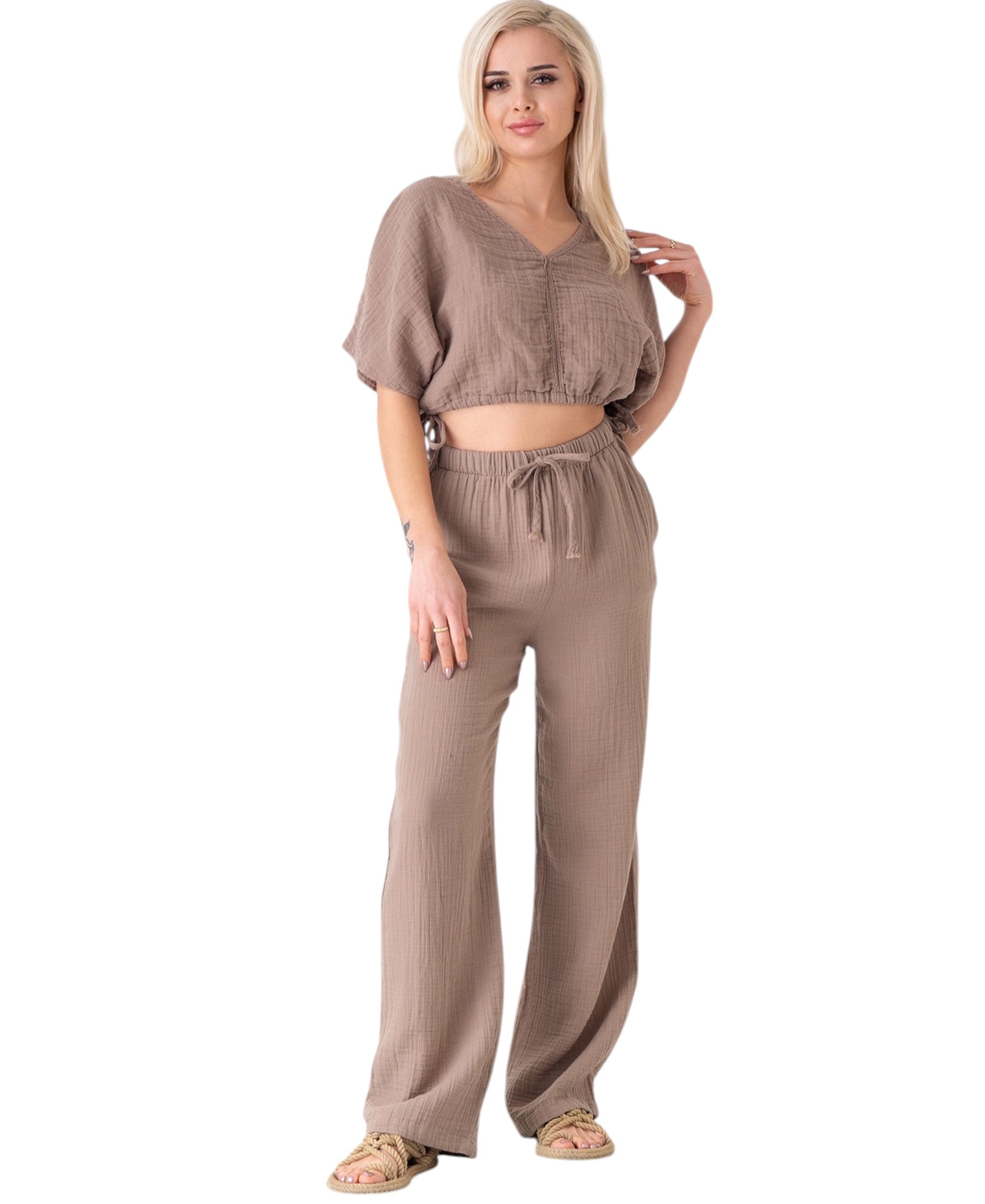 Palazzohose MusselinDamen Sommerhose 100 % Baumwolle, elastischer Bund