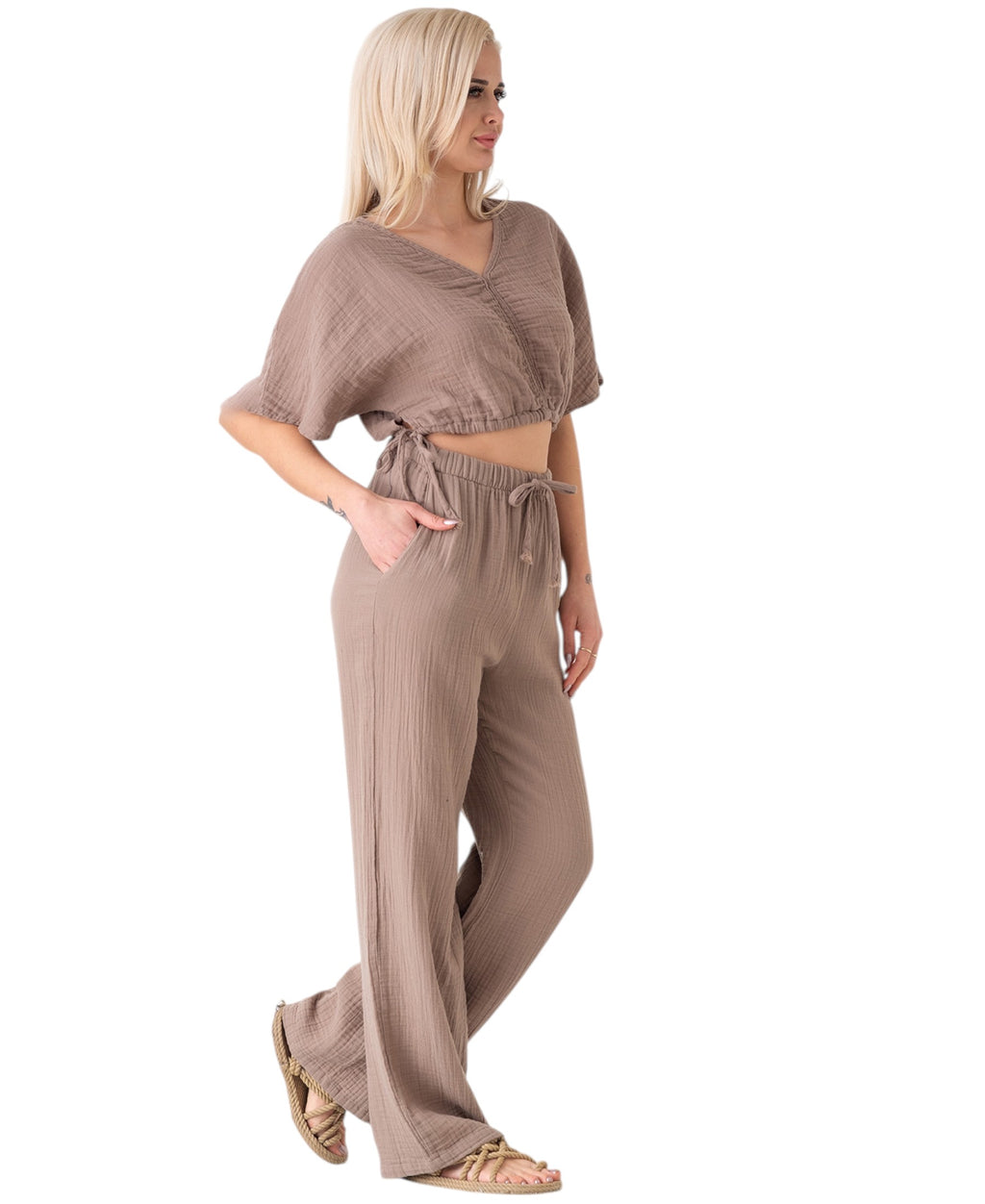 Palazzohose MusselinDamen Sommerhose 100 % Baumwolle, elastischer Bund