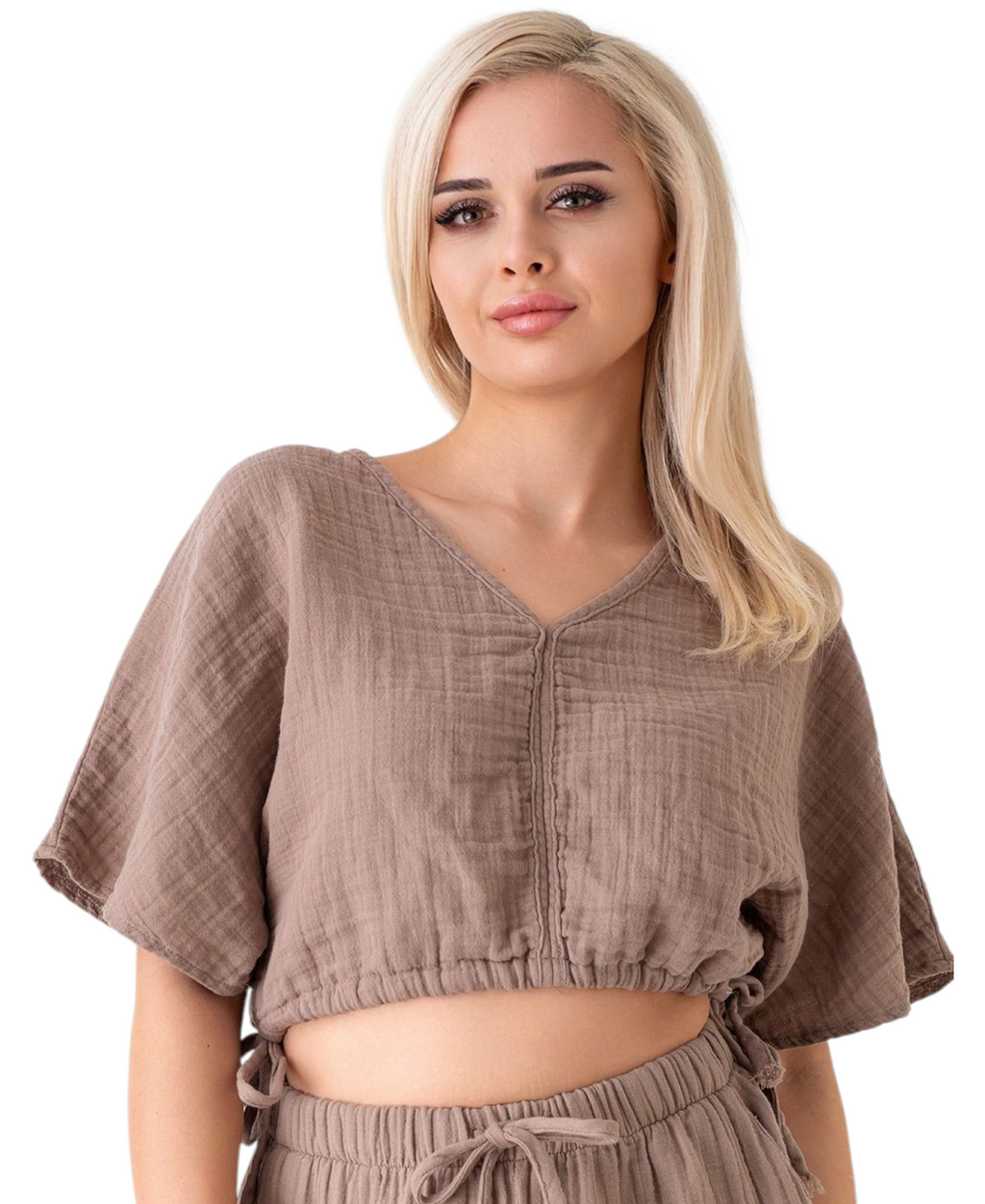 Crop-Top – Luftiges Musselin-Oberteil mit Tunnelzug und V-Ausschnitt