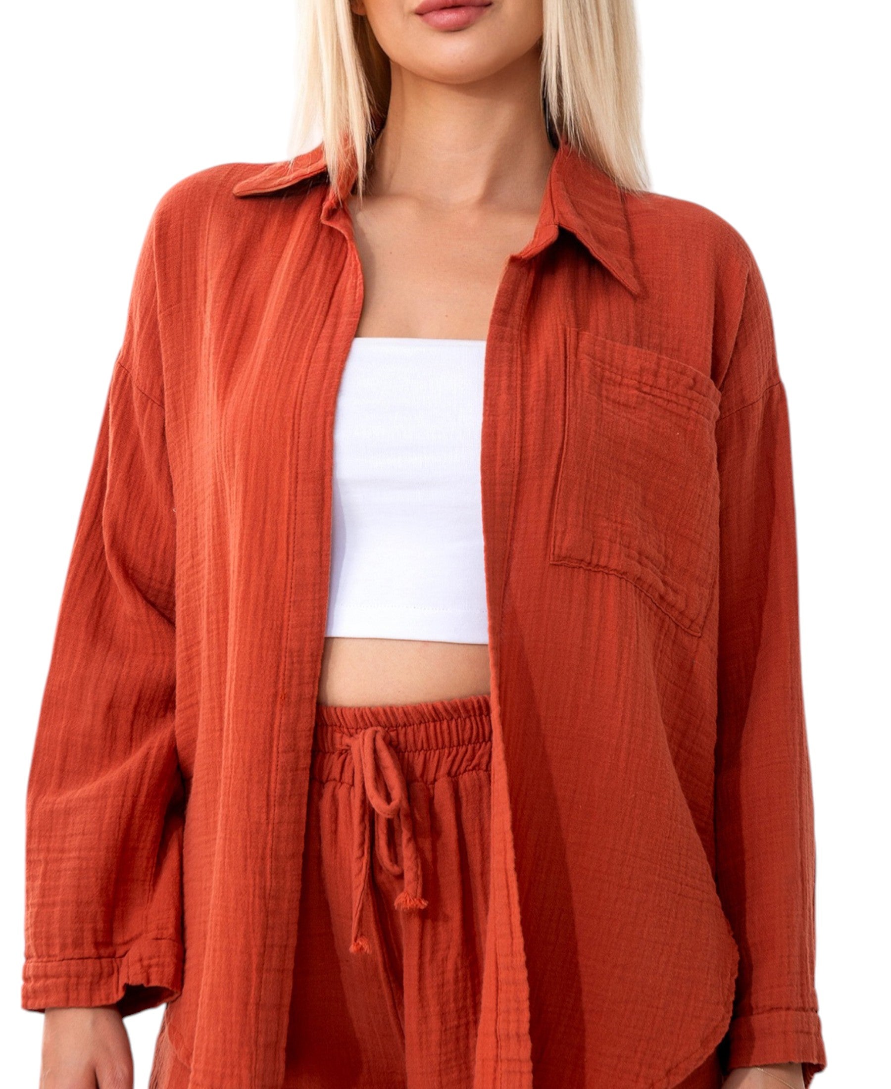 Hemdbluse Damen aus Musselin - Oversize Bluse Langarm mit Kragen