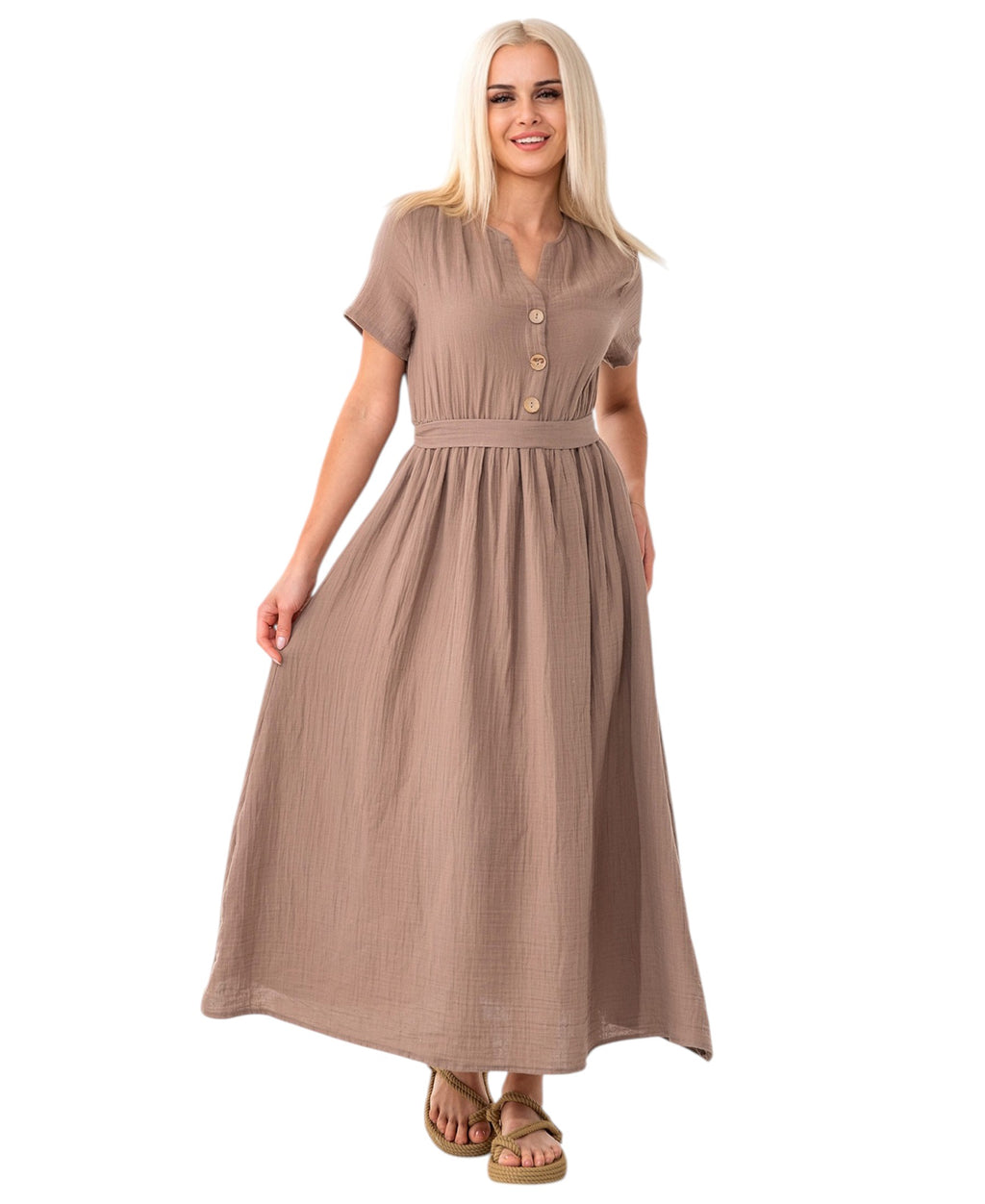Sommerkleid Musselin Boho Kleid mit Knopfleiste & Taillenband, Freizeitkleid
