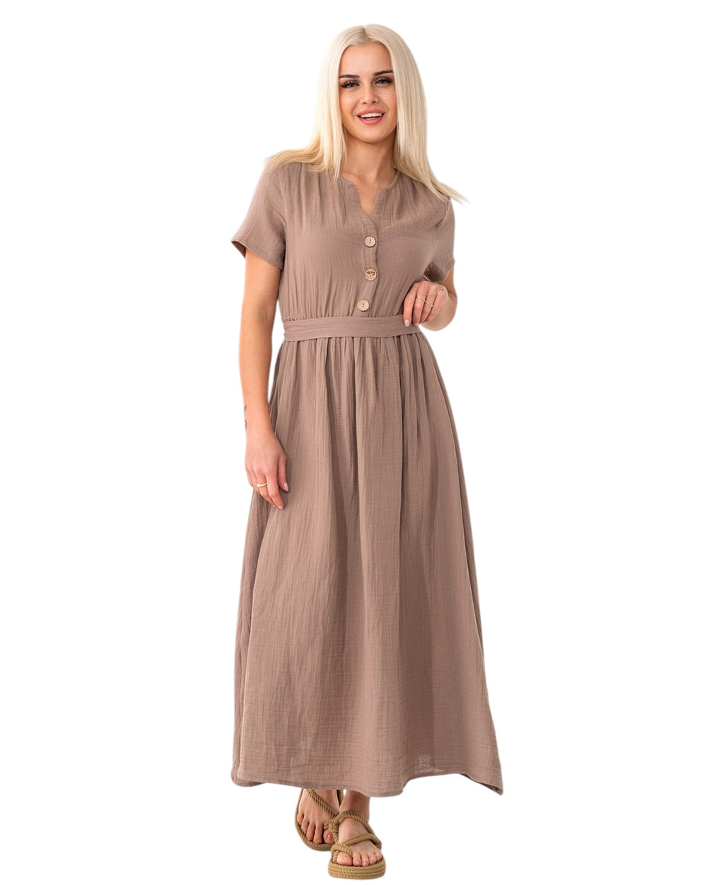 Sommerkleid Musselin Boho Kleid mit Knopfleiste & Taillenband, Freizeitkleid