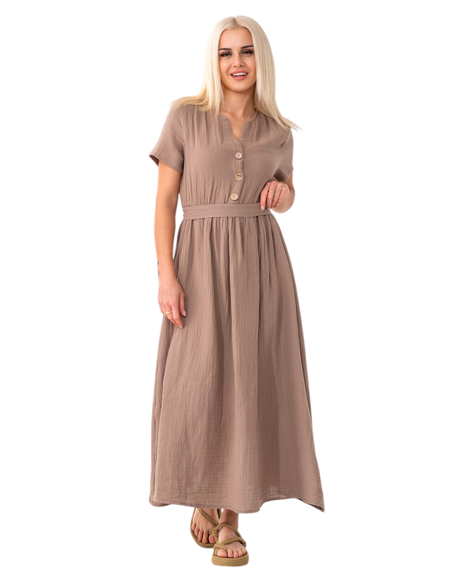 Sommerkleid Musselin Boho Kleid mit Knopfleiste & Taillenband, Freizeitkleid