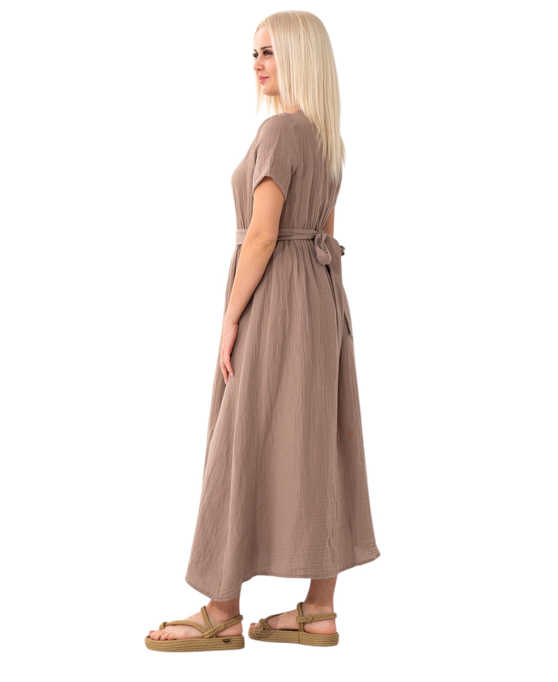 Sommerkleid Musselin Boho Kleid mit Knopfleiste & Taillenband, Freizeitkleid
