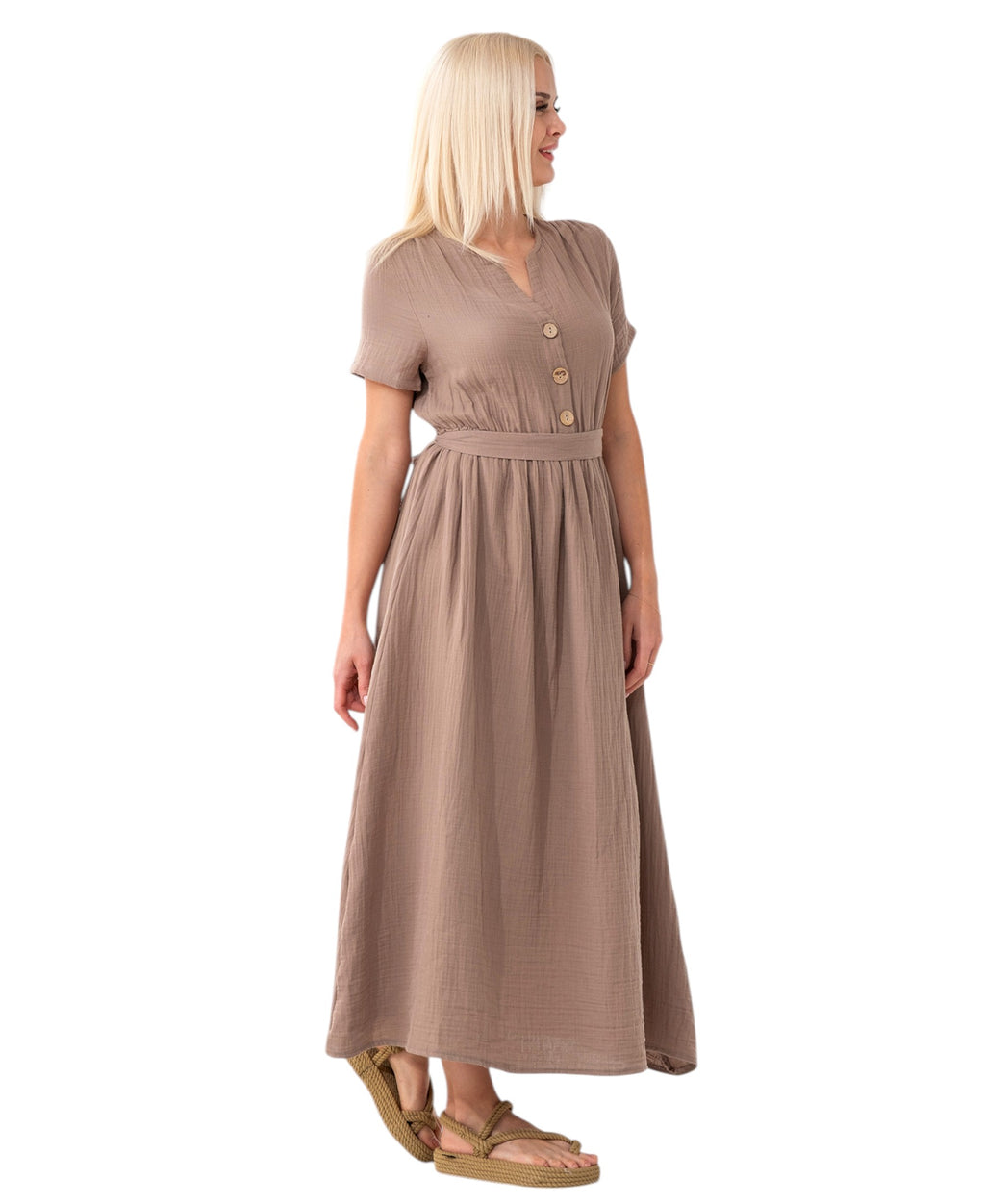 Sommerkleid Musselin Boho Kleid mit Knopfleiste & Taillenband, Freizeitkleid