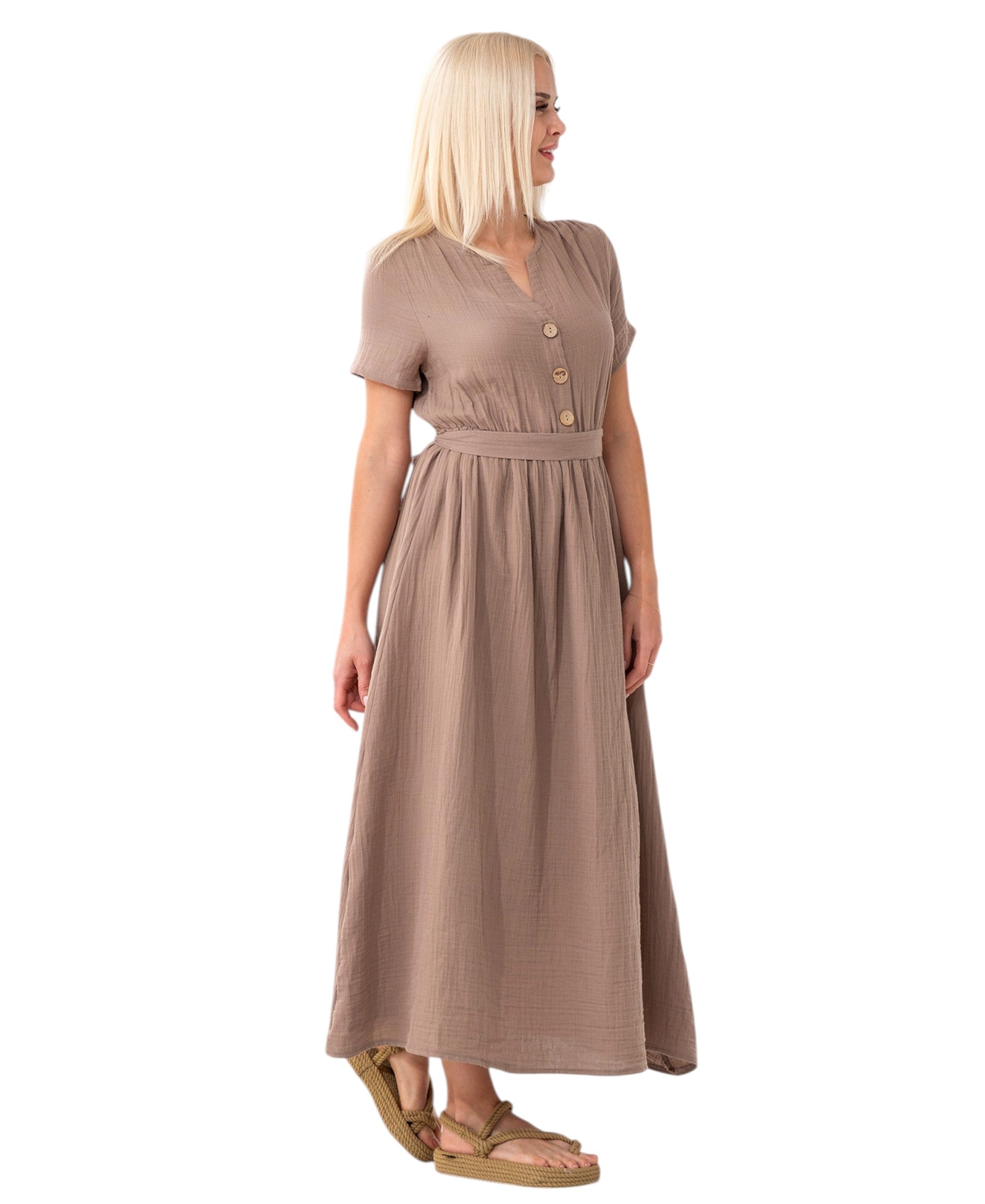 Sommerkleid Musselin Boho Kleid mit Knopfleiste & Taillenband, Freizeitkleid