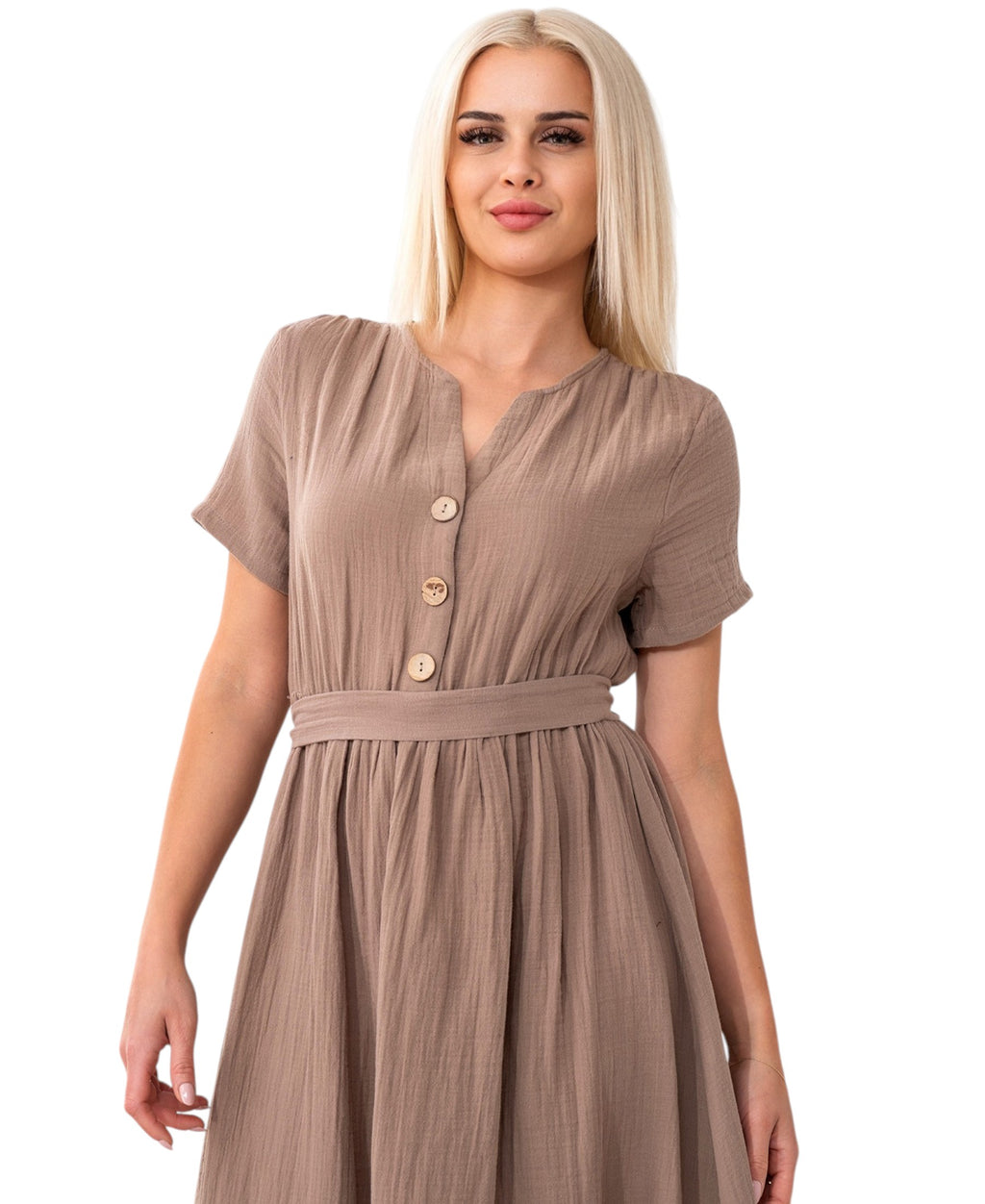 Sommerkleid Musselin Boho Kleid mit Knopfleiste & Taillenband, Freizeitkleid