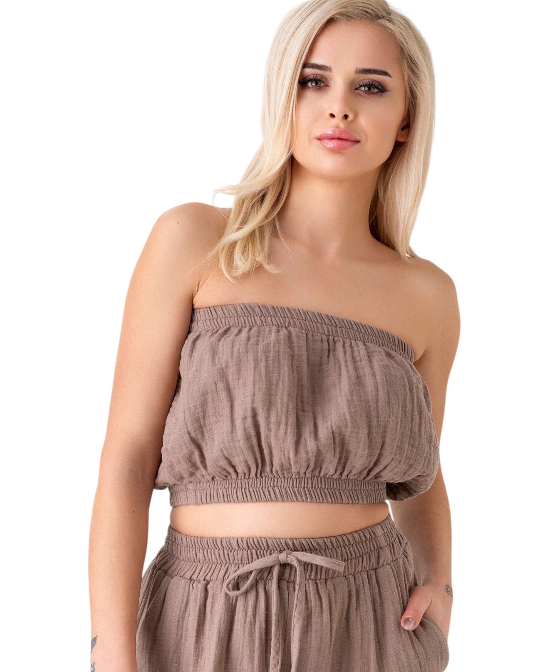 Crop-Top – Trägerloses Musselin-Oberteil mit Gummizug aus 100 % Baumwolle