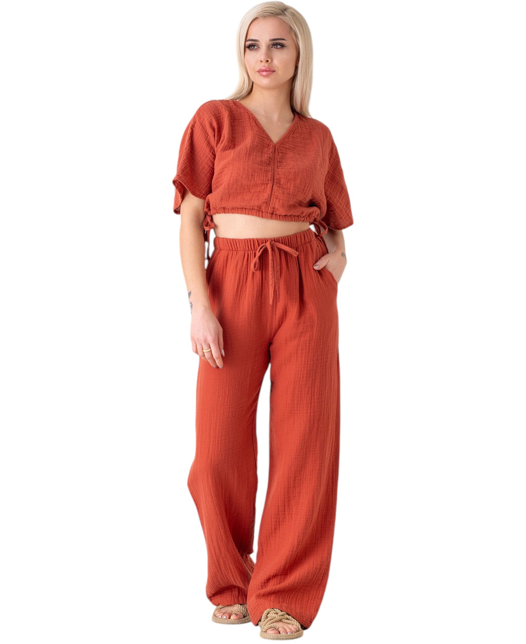Palazzohose MusselinDamen Sommerhose 100 % Baumwolle, elastischer Bund