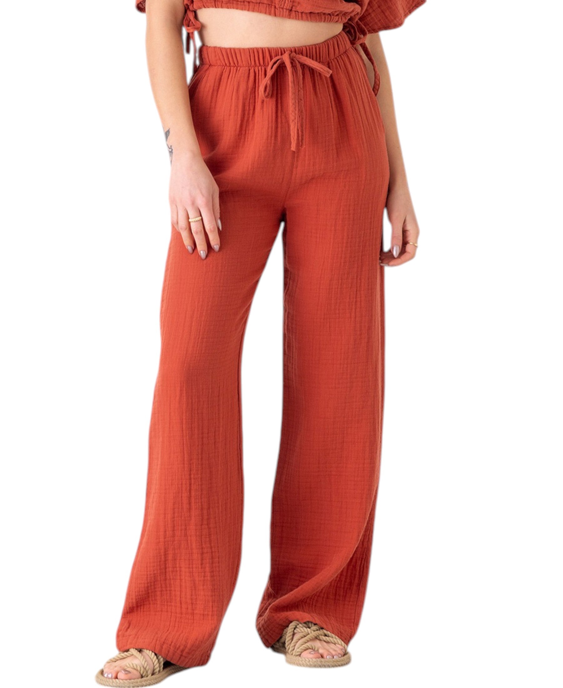 Palazzohose MusselinDamen Sommerhose 100 % Baumwolle, elastischer Bund