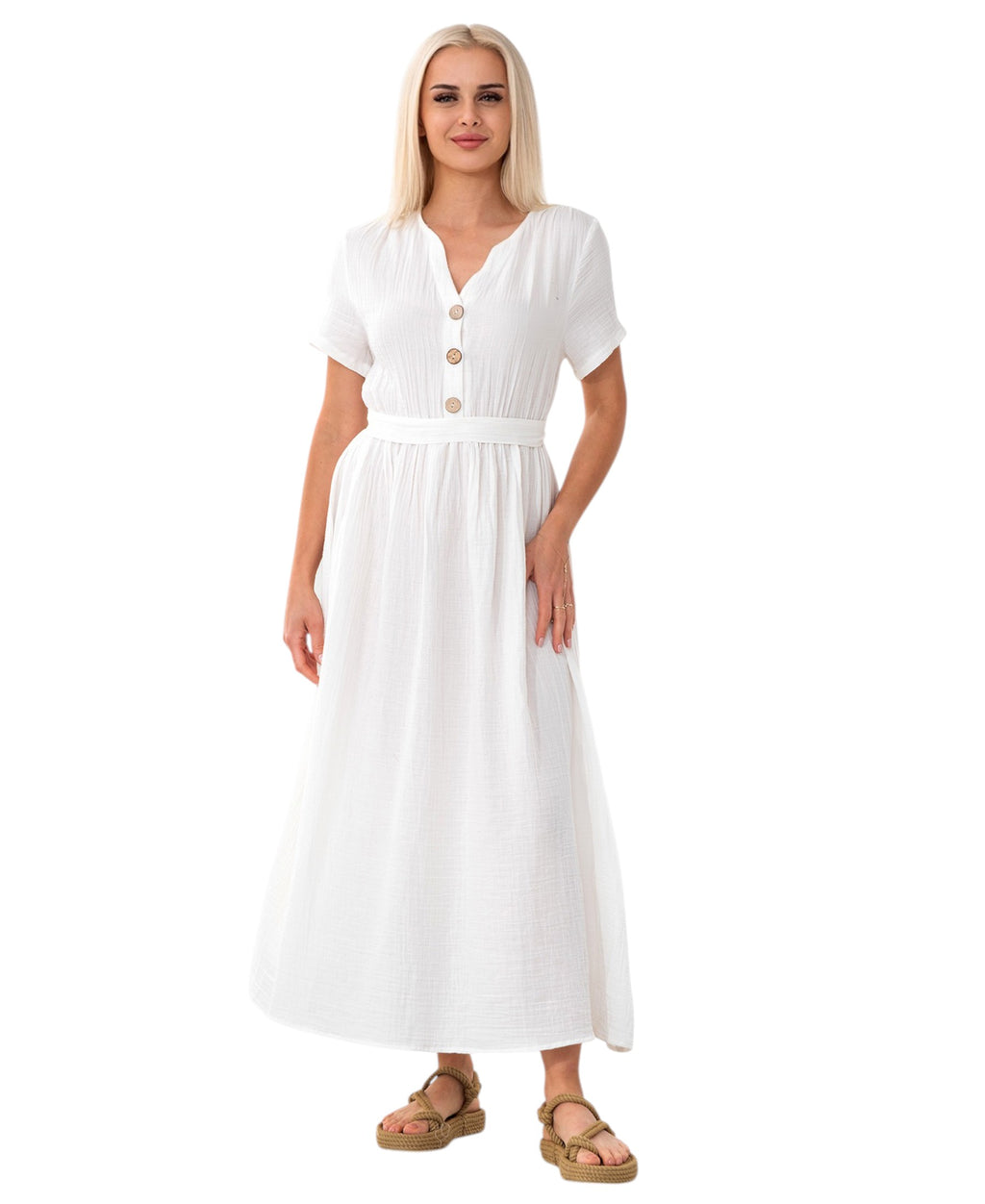 Sommerkleid Musselin Boho Kleid mit Knopfleiste & Taillenband, Freizeitkleid