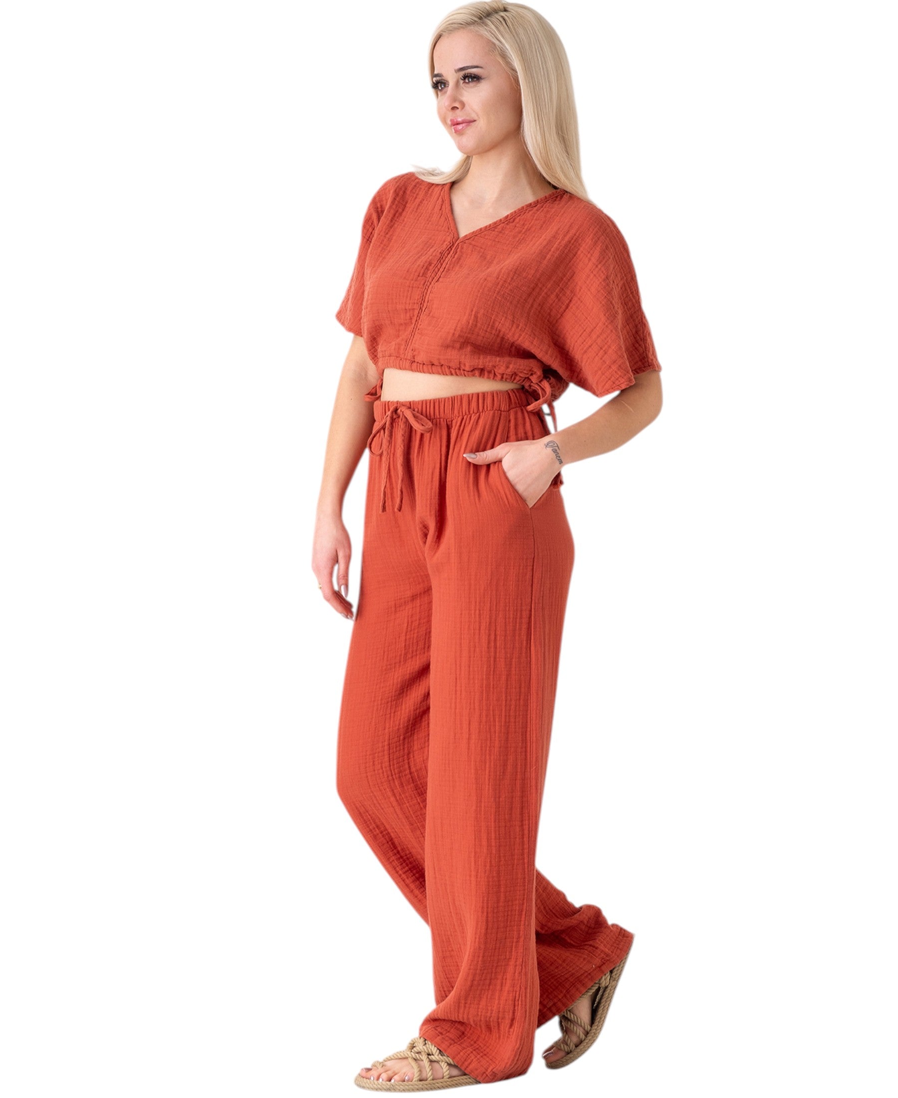 Palazzohose MusselinDamen Sommerhose 100 % Baumwolle, elastischer Bund