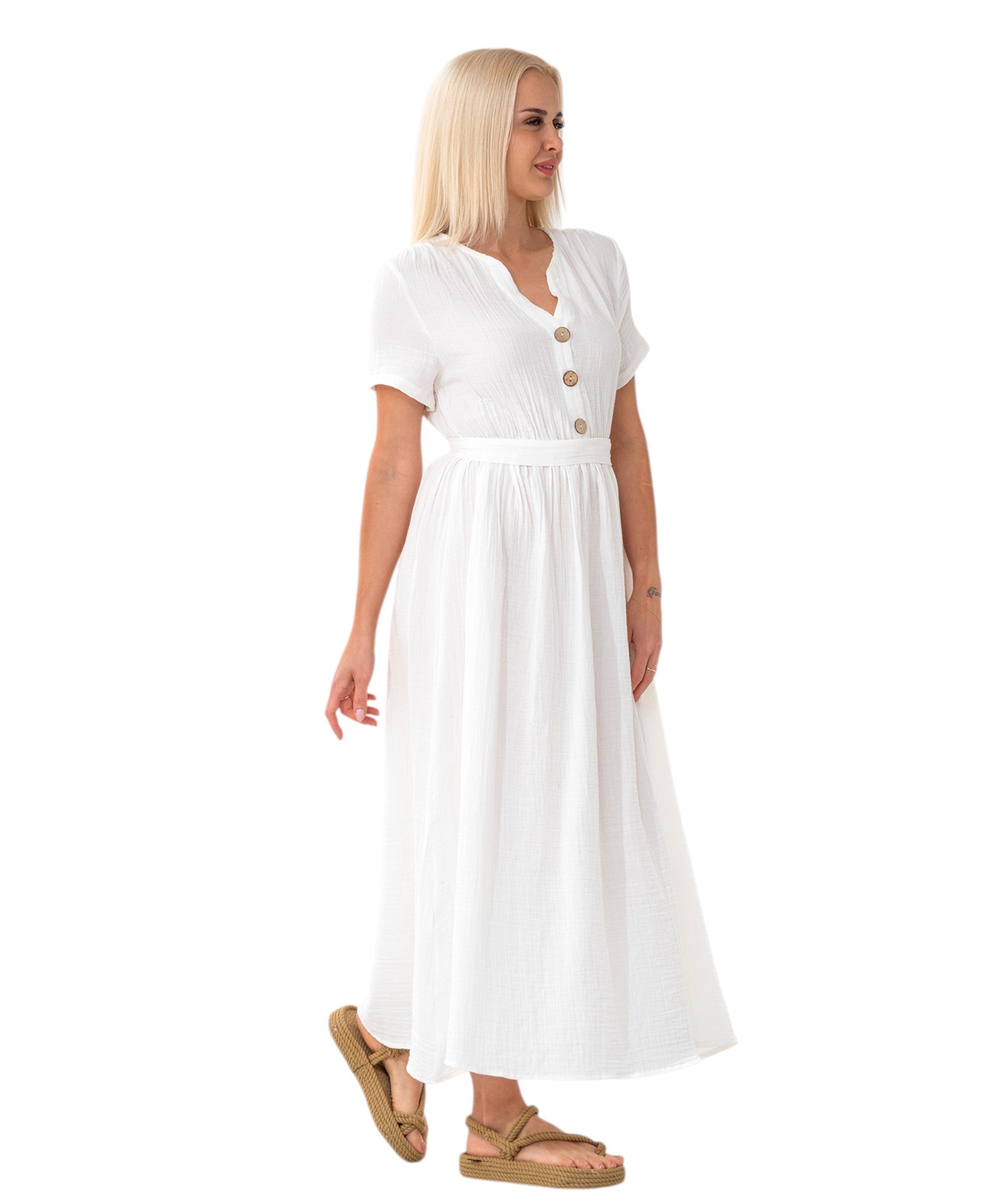 Sommerkleid Musselin Boho Kleid mit Knopfleiste & Taillenband, Freizeitkleid