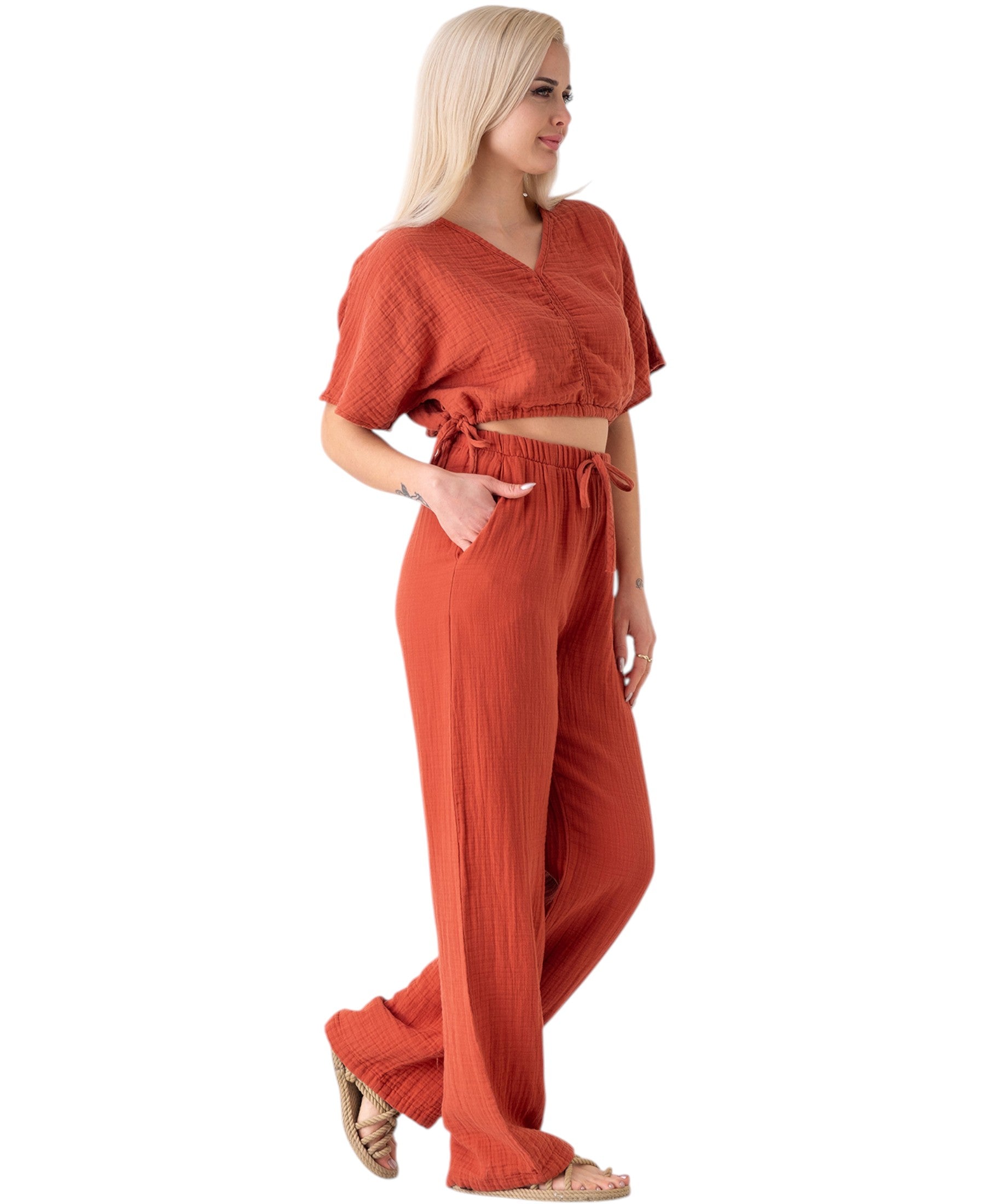 Palazzohose MusselinDamen Sommerhose 100 % Baumwolle, elastischer Bund