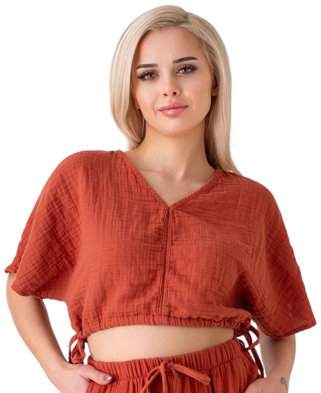 Crop-Top – Luftiges Musselin-Oberteil mit Tunnelzug und V-Ausschnitt