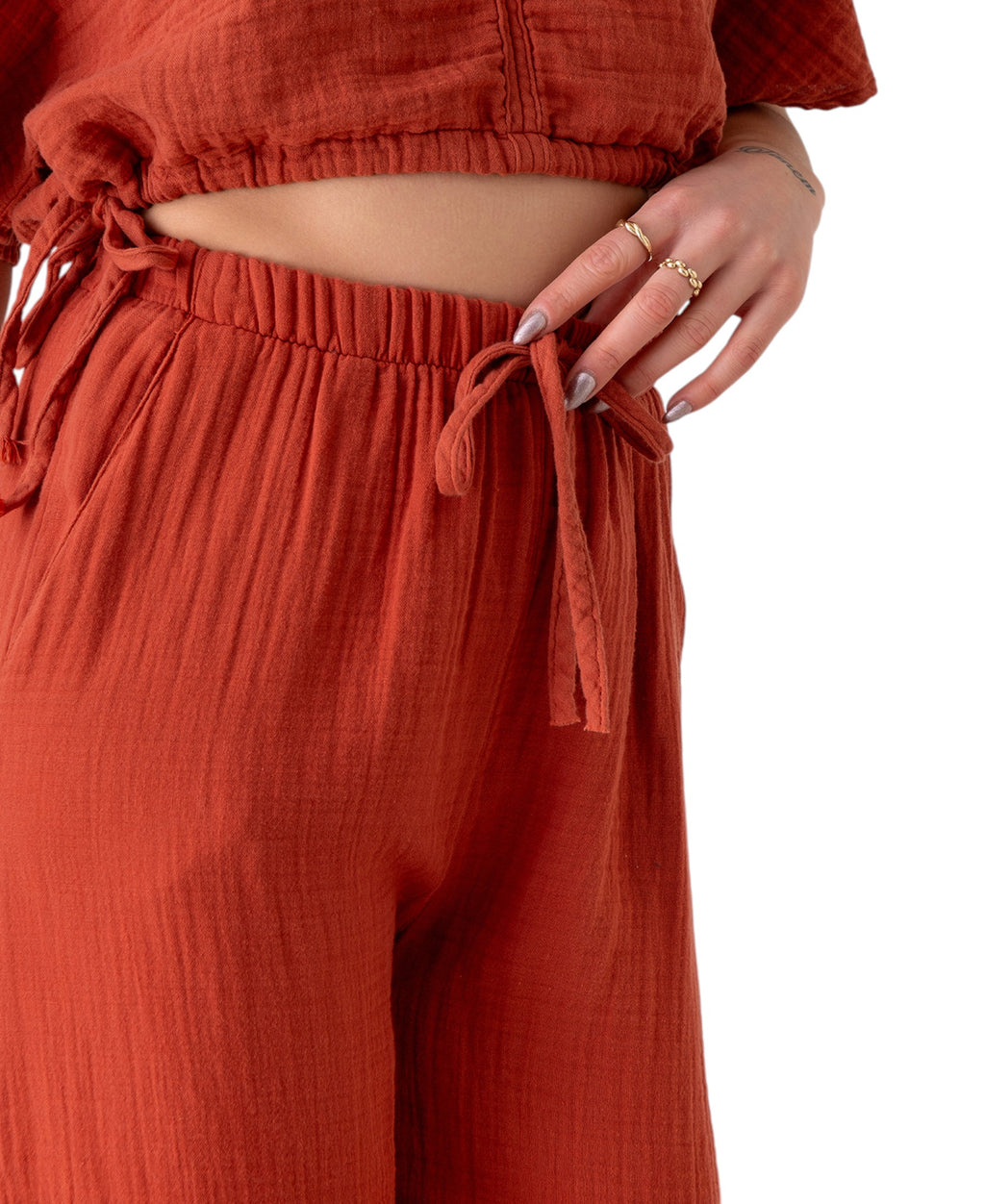 Palazzohose MusselinDamen Sommerhose 100 % Baumwolle, elastischer Bund